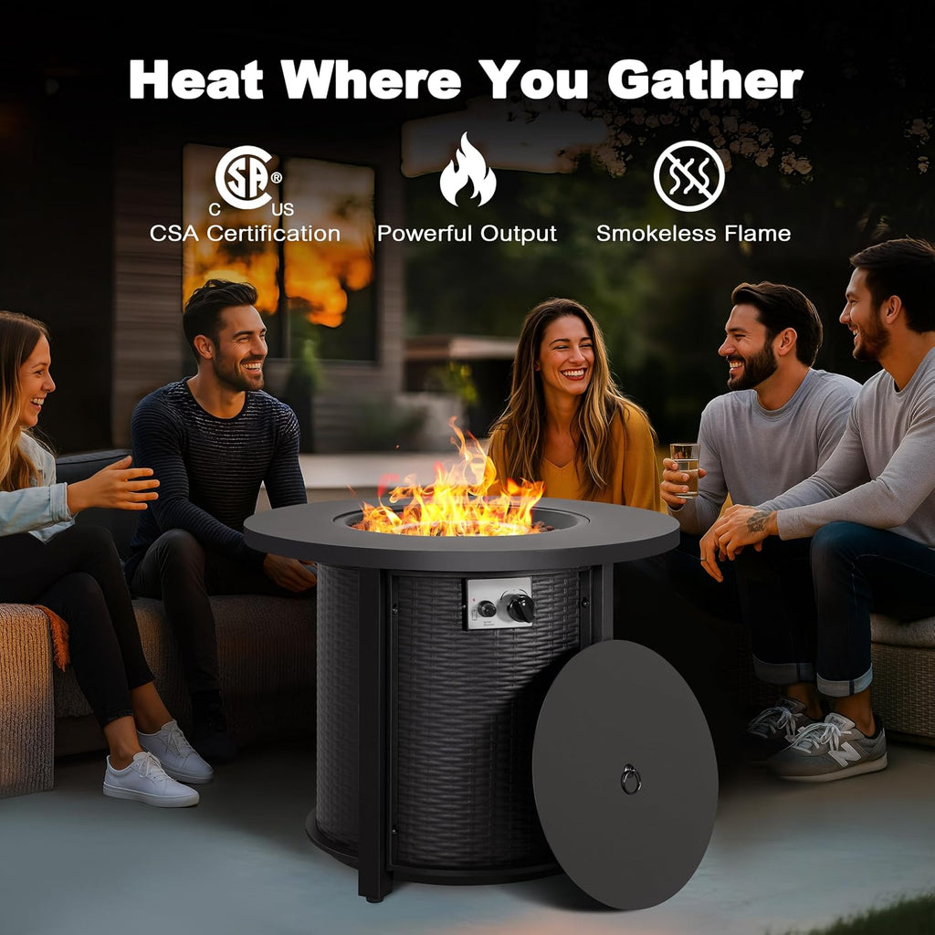 Nuu Garden 30'' Outdoor Round Propane Fire Pit Table, CSA-Certified 2-in-1 Gas Fire Pit with Rattan-Embossed Metal Frame, Stainless Steel Burner, Lid & Lava Rocks, for Patio Dining & Party, Black
