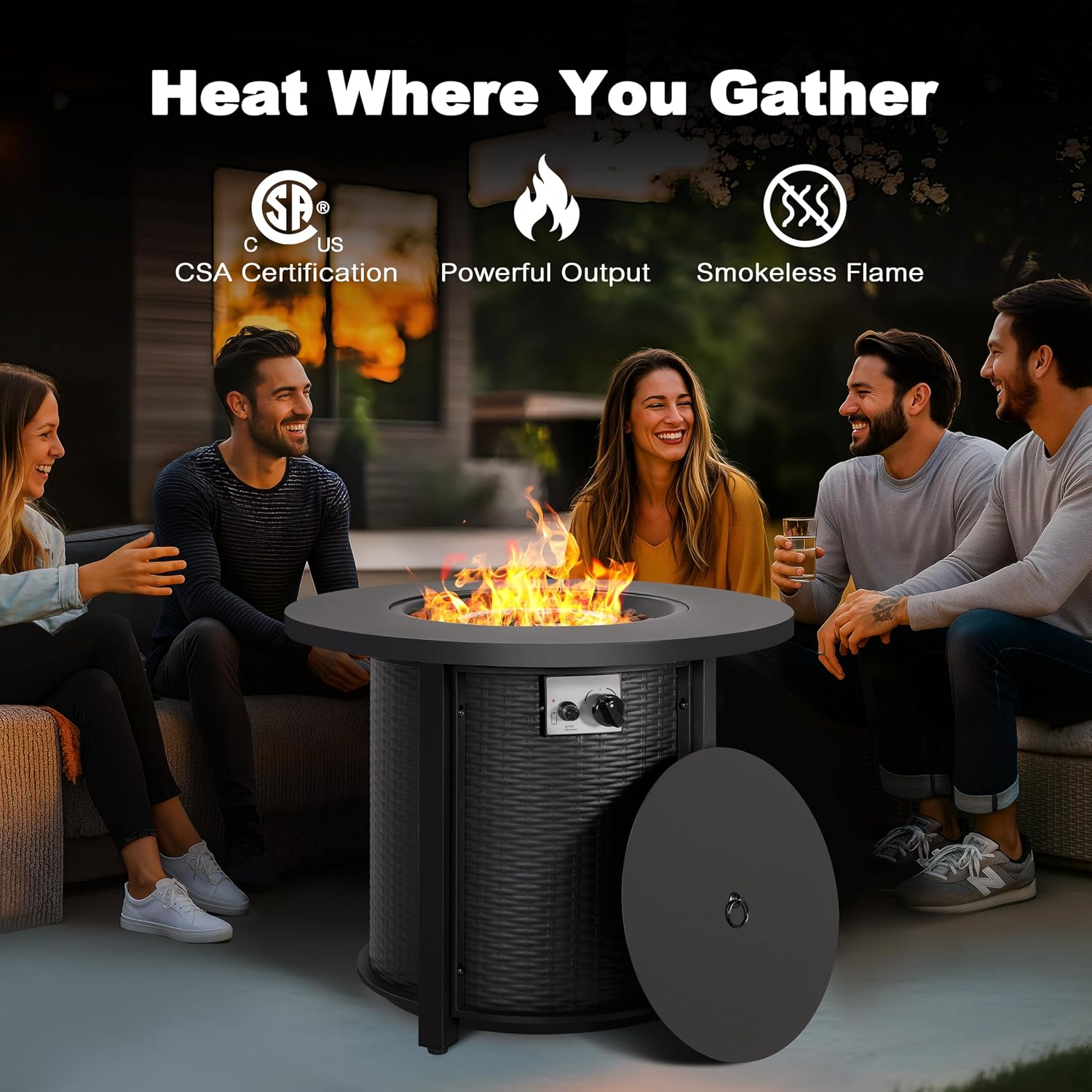 Nuu Garden 30'' Outdoor Round Propane Fire Pit Table, CSA-Certified 2-in-1 Gas Fire Pit with Rattan-Embossed Metal Frame, Stainless Steel Burner, Lid & Lava Rocks, for Patio Dining & Party, Black