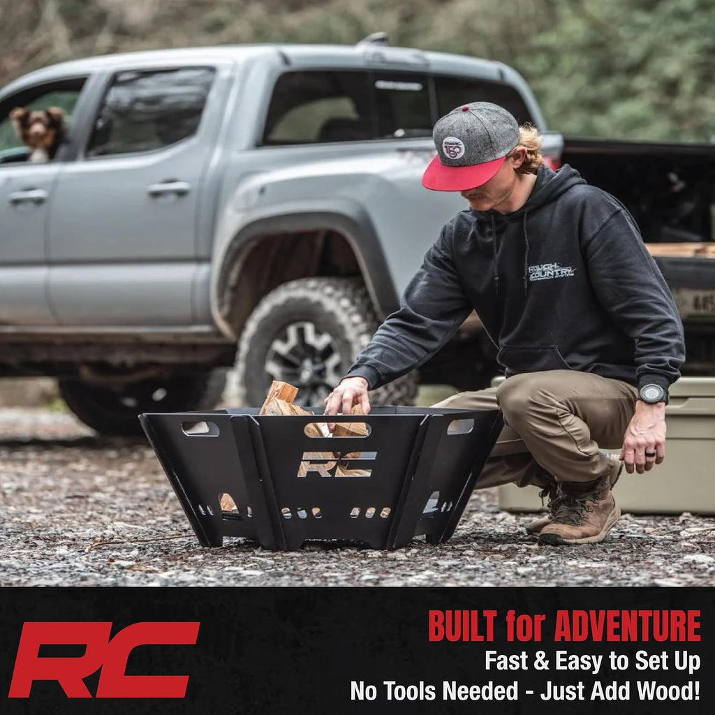 Rough Country Portable Fire Pit for Camping with Carry Bag - Heavy-Duty Steel, Quick Tool-Free Setup, Outdoor Collapsible Fire Pit for Overland, Tailgating & Backyard Use