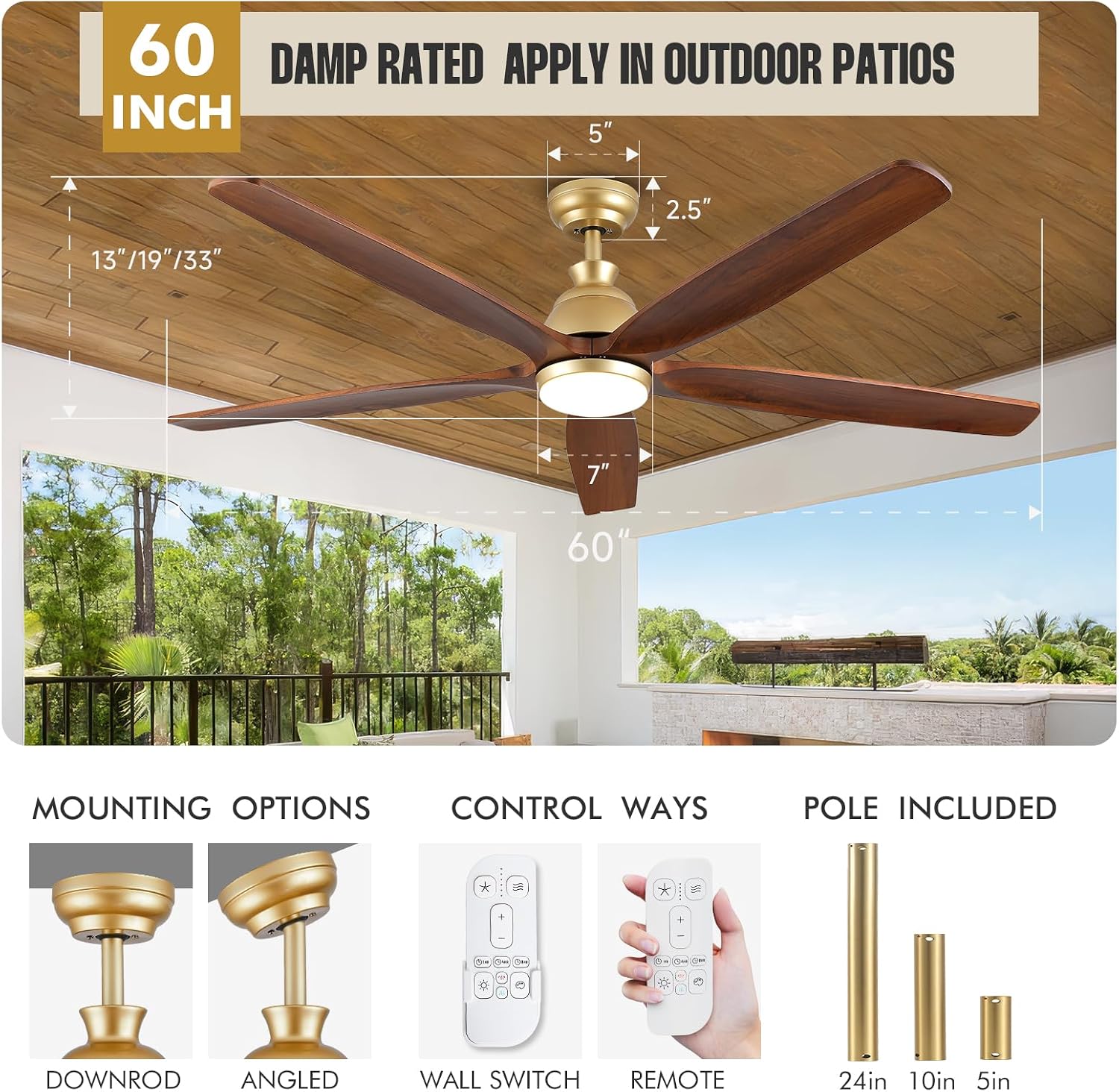 60 Inch Gold Ceiling Fan with Light and Remote, Outdoor Ceiling Fan for Patio Porch Gazebo, 5 Blade Solid Wood Rustic Farmhouse Ceiling Fans with Quiet DC Motor, Dimmable 3CCT