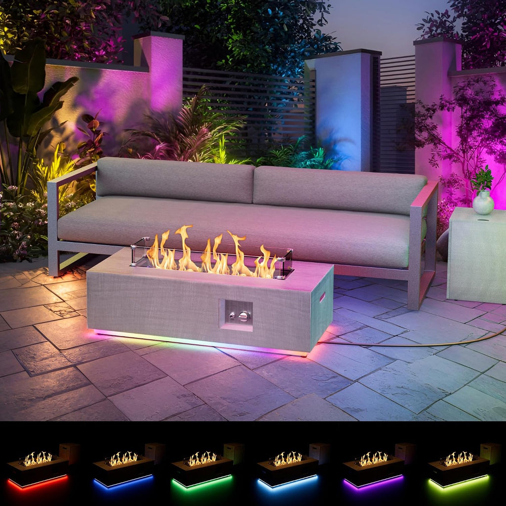 SUNPEAK 42' Propane Fire Pit Table with RGB LED Light 50,000 BTU Patio Propane Fire Pit Table Includes Wind Guard, Lid, Rocks & Cover - Deck Firepit - Chimenea de Gas (Light Gray/RGB Light, 42' LED)