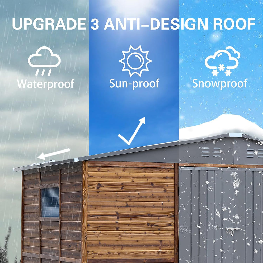 8x10 FT Outdoor Tool Shed, Wood-Iron Combination Storage Shed with Ventilation, Weather-Resistant Roof, Lockable Doors & Wood Grain Finish for Backyard and Garden
