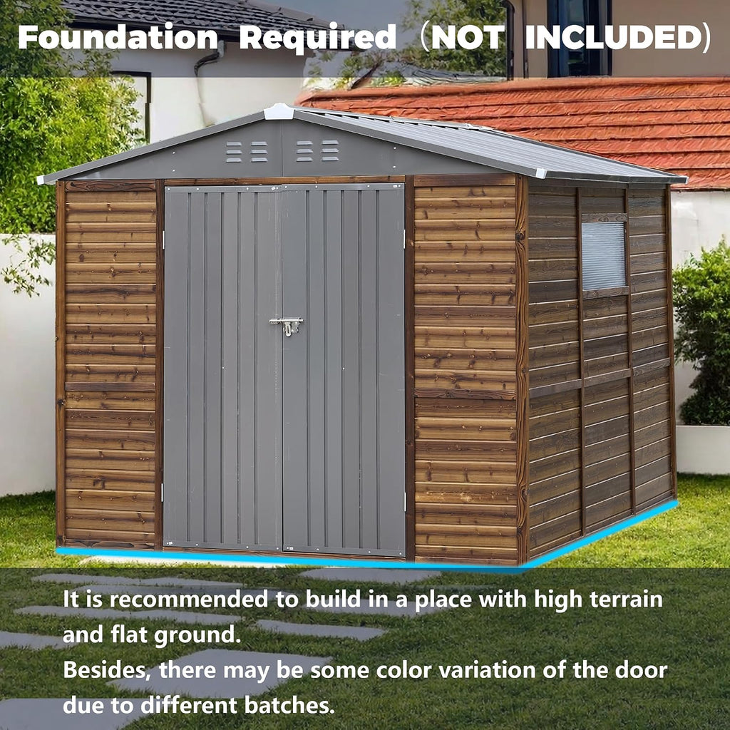 8x8 FT Outdoor Tool Shed, Wood-Iron Combination Storage Shed with Ventilation, Weather-Resistant Roof, Lockable Doors & Wood Grain Finish for Backyard and Garden