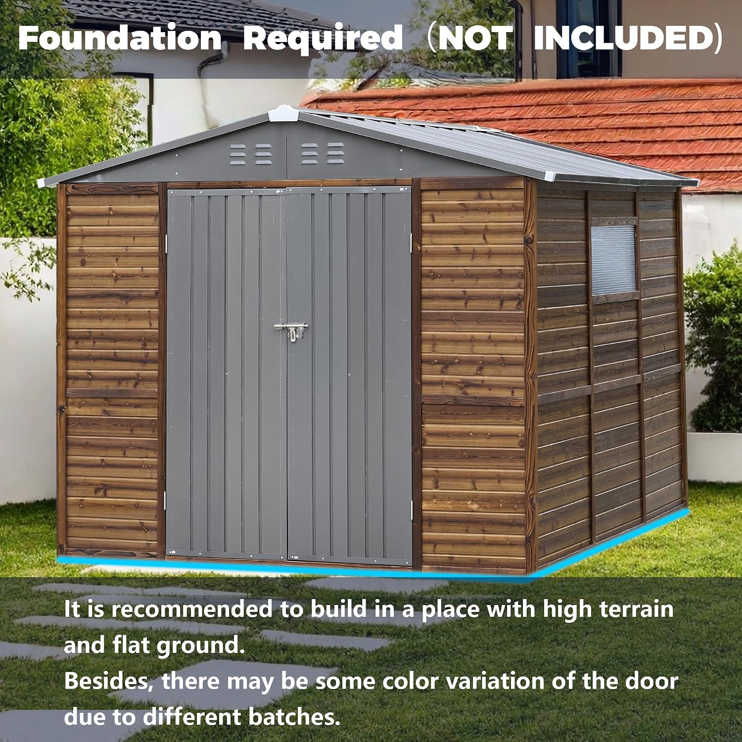 8x8 FT Outdoor Tool Shed, Wood-Iron Combination Storage Shed with Ventilation, Weather-Resistant Roof, Lockable Doors & Wood Grain Finish for Backyard and Garden