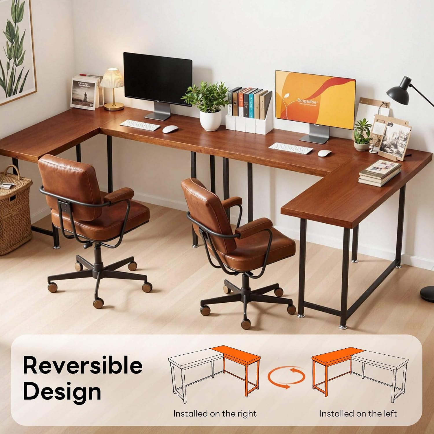 ivinta L Shaped Desk, Modern Corner Home Office Computer Desk with 2' Thicker Desktop for Study Work, Simple Reversible Worksation with Metal Frame for Bedroom Living Room Novas (Light Brown)