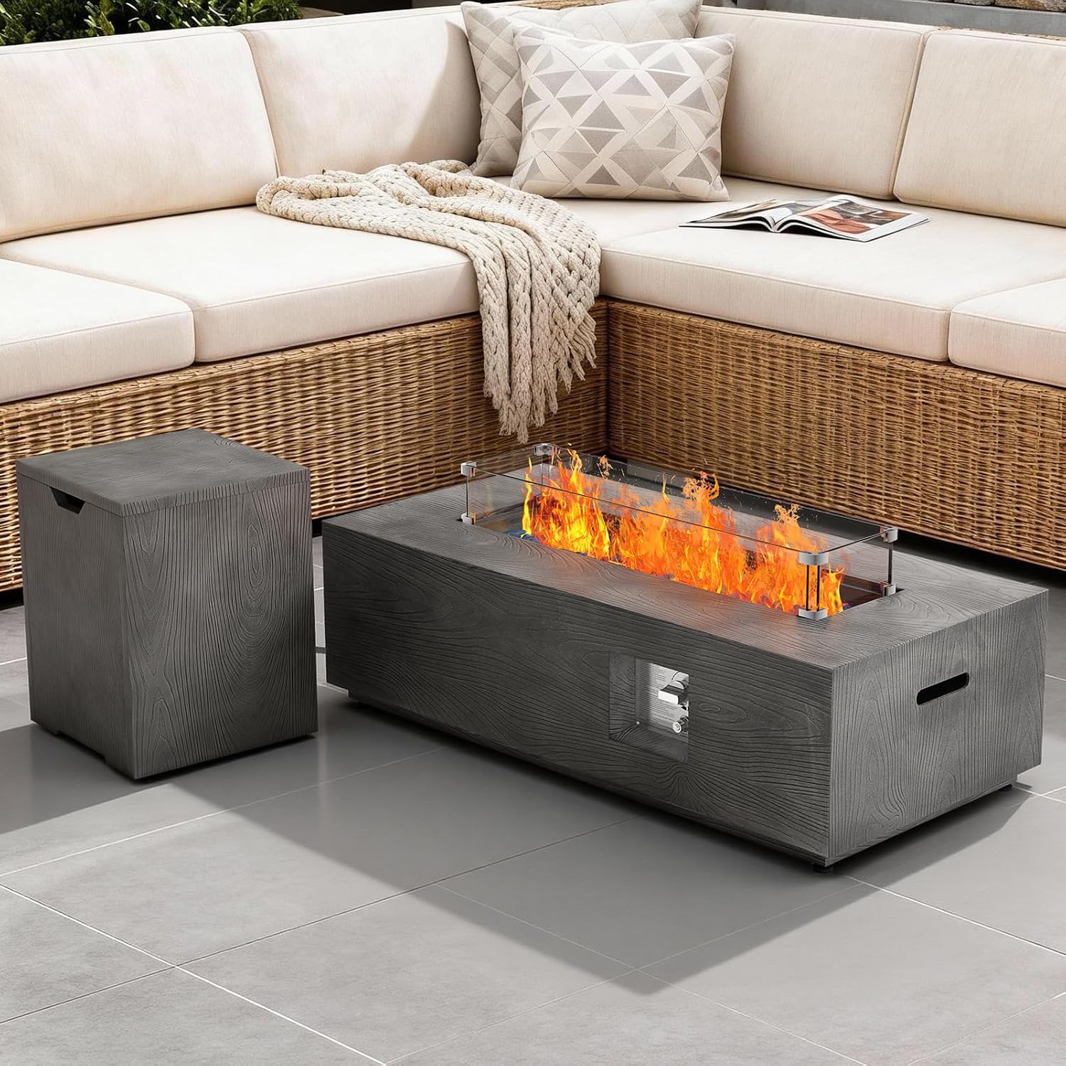 Dineli 2-Piece Outdoor Propane Fire Pit Table Set w Tank Table 42'' Rectangular Firepit with 50,000 BTU Output Gas Fire Pits for Outside Patio Fire Table Tabletop Fire Pits, Gray - Wood Grain