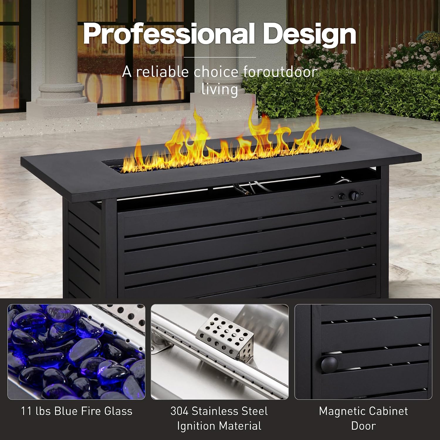 SUNSHINE VALLEY Propane Gas Fire Pit Table 57' 0utdoor Firepit Table Rectangular Wood-Like Tabletop with Glass Rock, Black Outdoor Fire Pit for Patio Outdoor Outside Garden Backyard Deck