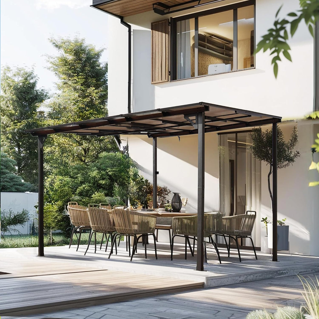 10x10 Wall Mounted Metal Pergola Gazebo with Roof, Heavy Duty Outdoor Patio Awning, Weather Resistant Waterproof Steel Lean to Gazebo for Backyard, Deck, Garden Space