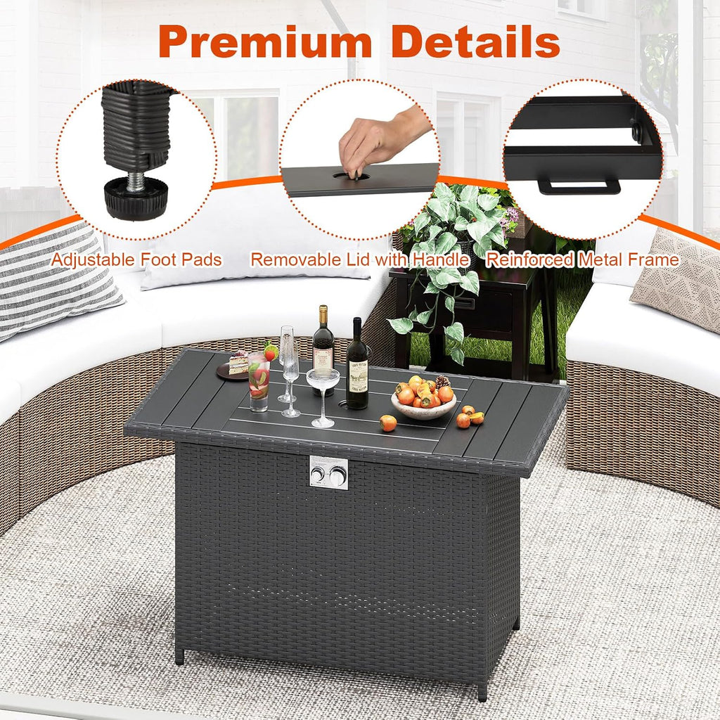 Tangkula 44.5 Inch Propane Fire Pit Table, Outdoor Rattan Gas Firepit with Metal Slatted Tabletop & Stainless Steel Burner, Rectangle Fire Pit with Lava Rocks & Protective Cover for Outside Patio
