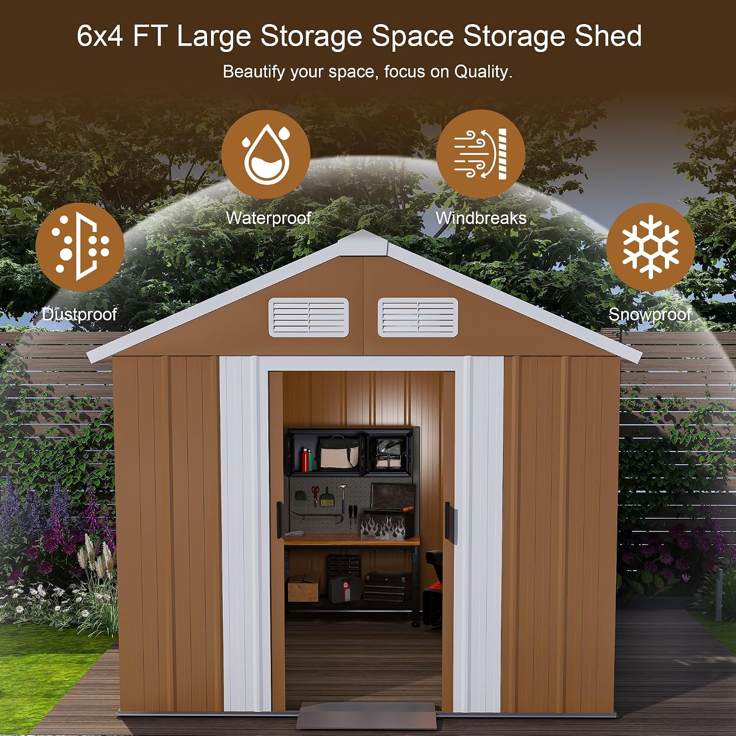 Outdoor Storage Shed, Heavy-Duty Metal Steel Shed with Windows, Lockable Door & Ventilation, Weatherproof Garden Shed for Backyard, Lawn, and Tool Storage (4x6 FT)