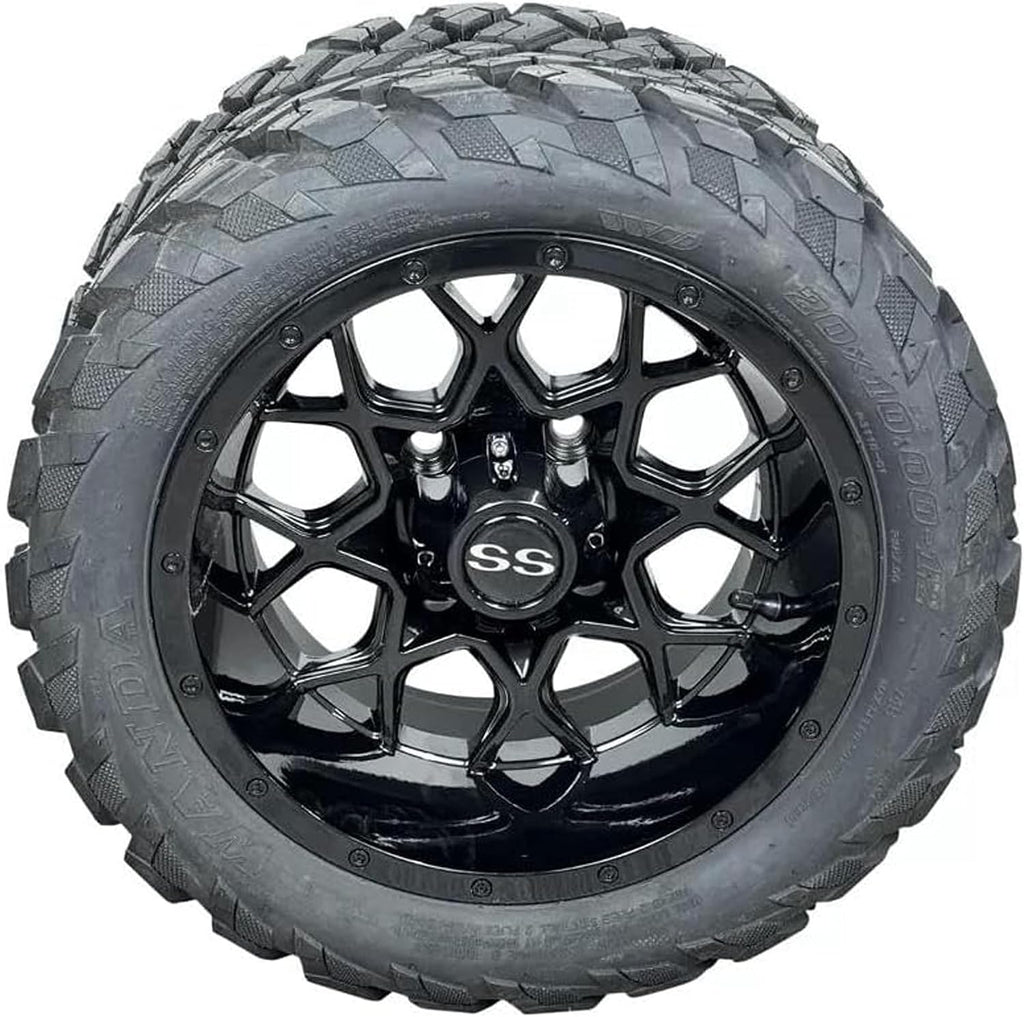 12 Inch Glossy Black Fusion Golf Cart Wheels & Tires Set of 4, 20x10-12 All Terrain Tires/Street Use, DOT Certified Golf Cart Wheels Compatible with EZGO, Club Car, YMH
