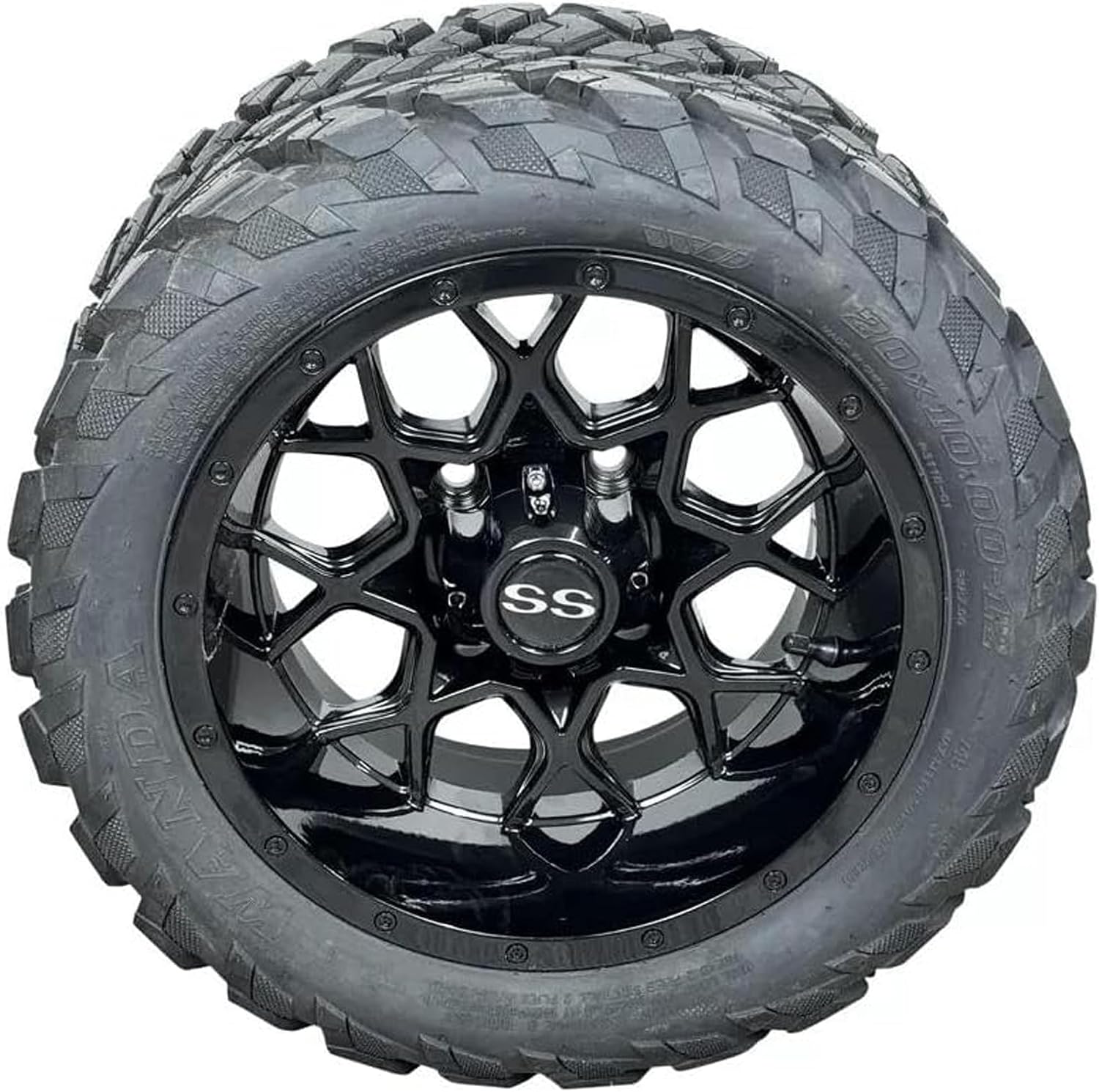 12 Inch Glossy Black Fusion Golf Cart Wheels & Tires Set of 4, 20x10-12 All Terrain Tires/Street Use, DOT Certified Golf Cart Wheels Compatible with EZGO, Club Car, YMH