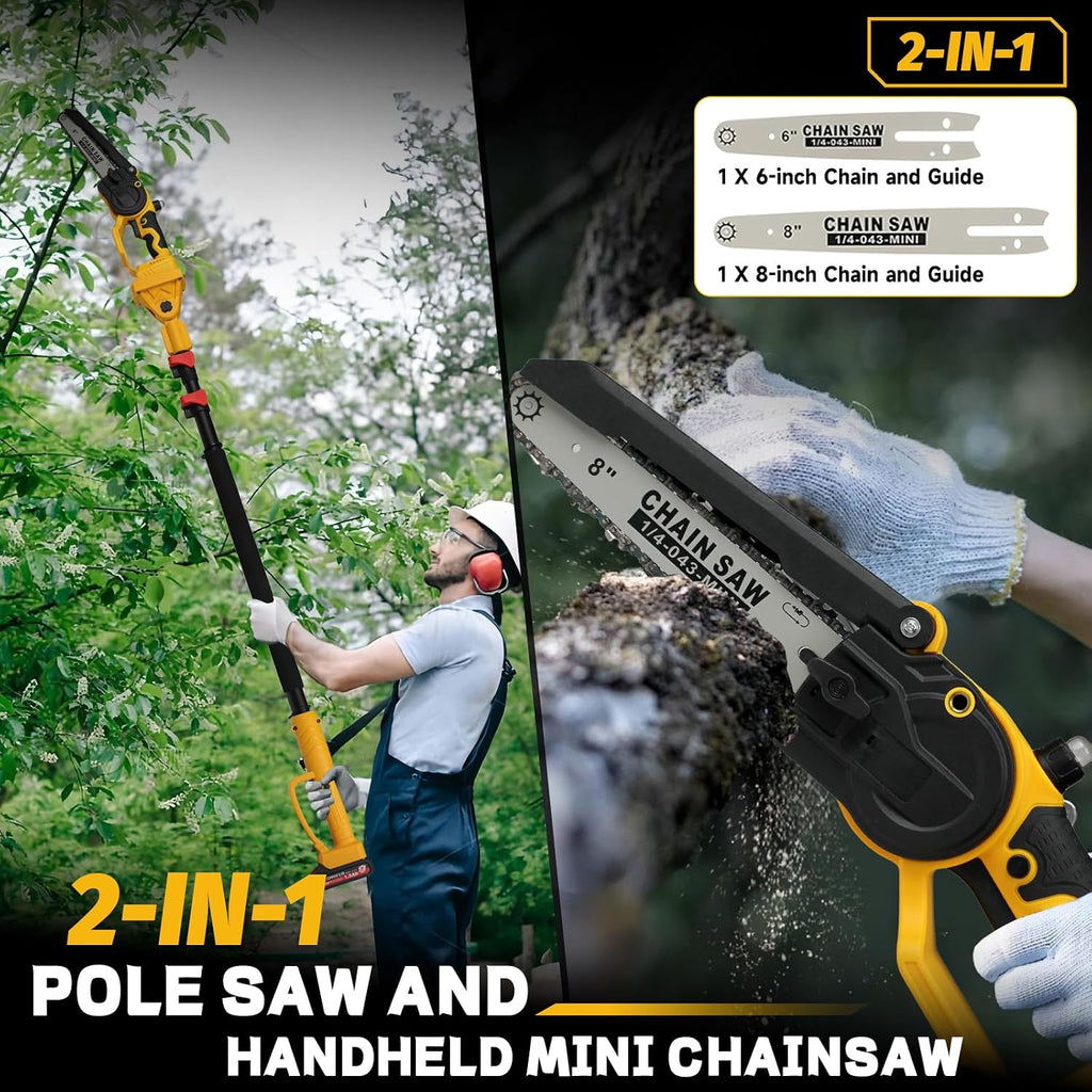 2-in-1 Cordless 8' Pole Saw & Mini Chainsaw Compatible with DeWALT 20V MAX Battery, Brushless 8 Inch & 6 Inch Telescoping Pole Chainsaw Combo Kit 15 Ft Max Reach for Tree Branches Pruning(Tool Only)