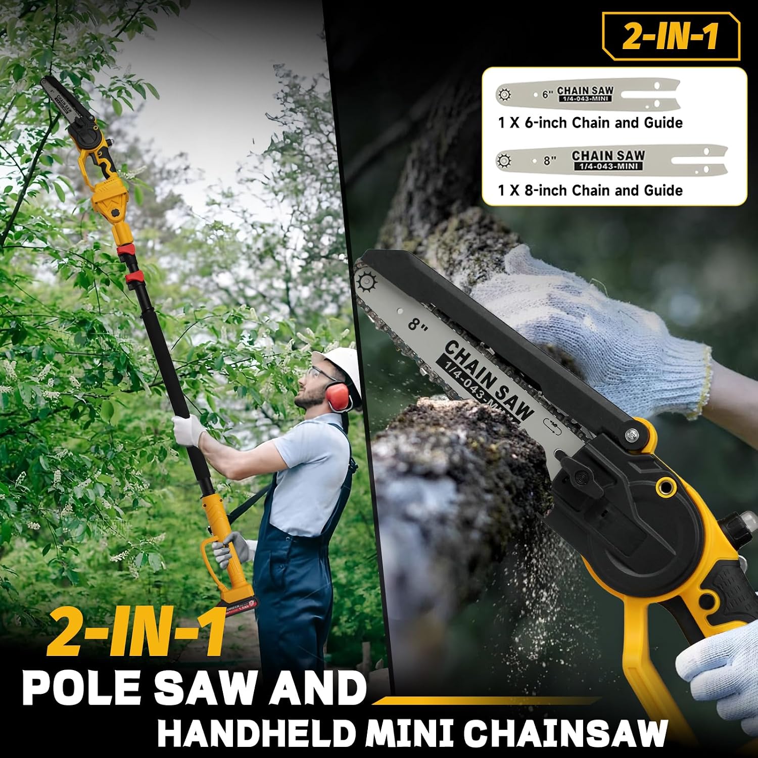 2-in-1 Cordless 8' Pole Saw & Mini Chainsaw Compatible with DeWALT 20V MAX Battery, Brushless 8 Inch & 6 Inch Telescoping Pole Chainsaw Combo Kit 15 Ft Max Reach for Tree Branches Pruning(Tool Only)