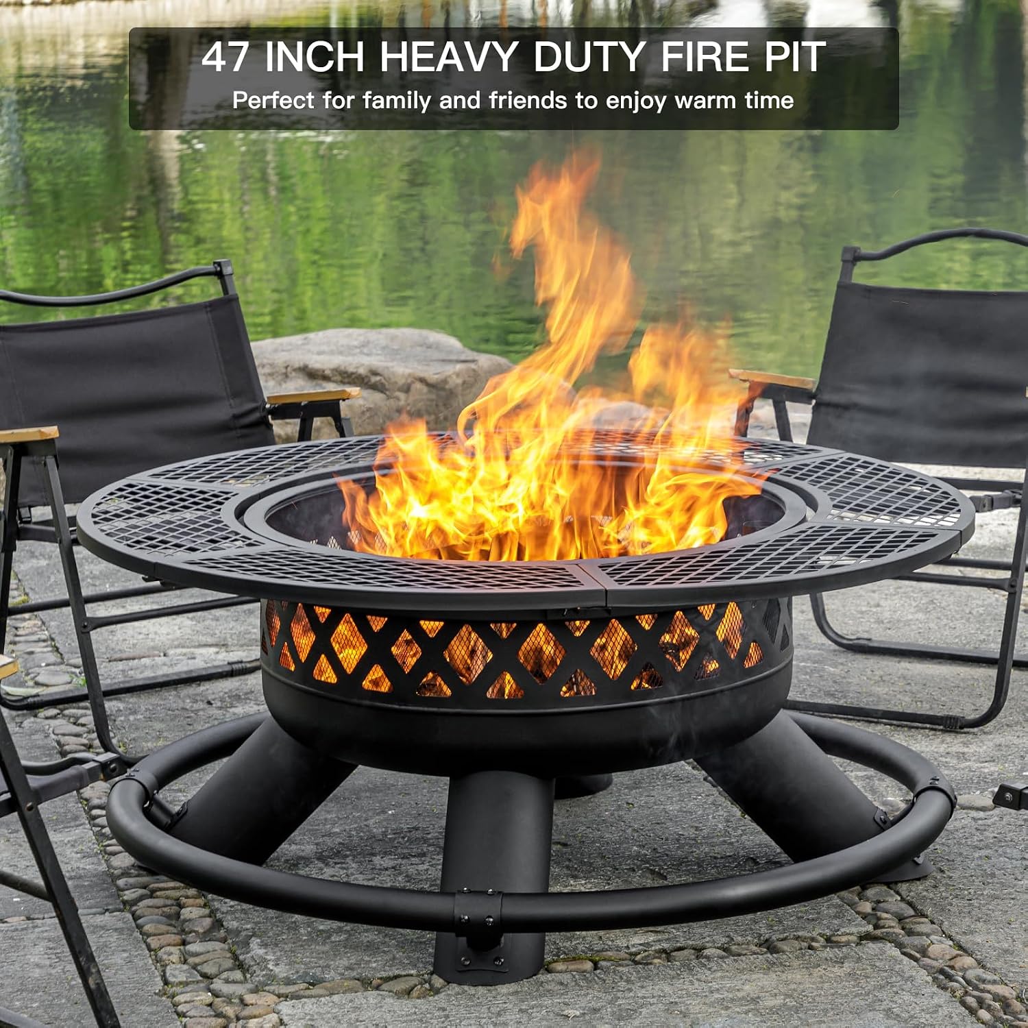 Panovue 47 Inch Outdoor Wood Burning Fire Pit with 2 Grills,Extra Large 3-in-1 Fire Pit with Metal Lid & Fire Poker, Heavy Duty BBQ Firepits for Outside, Backyard, Bonfire, Patio & Party (47'' Black)