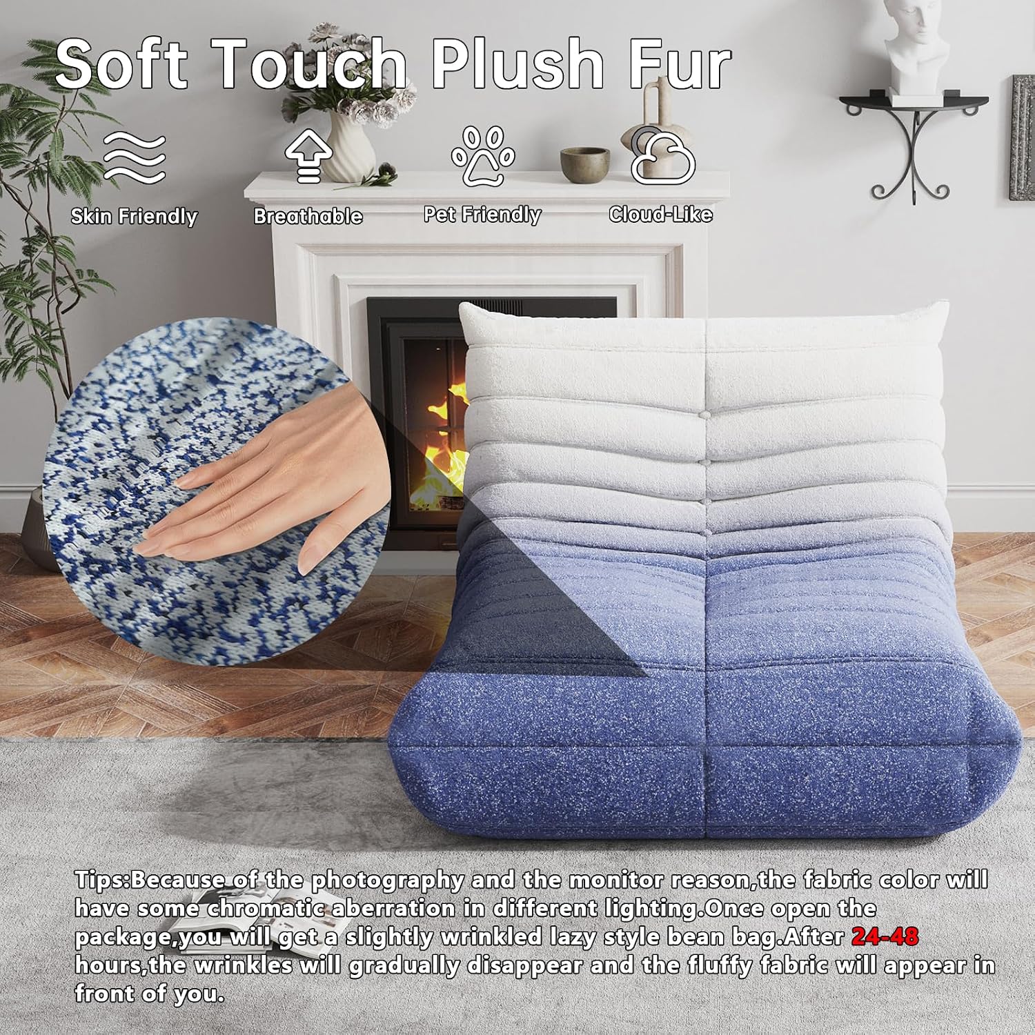 WHGBJA Memory Foam Bean Bag Chair for Adults, Teddy Material Beanbag Sofa with Filler, Cozy Floor Lounge Seat for Living Room, Bedroom, Dorm, Office (Blue White)