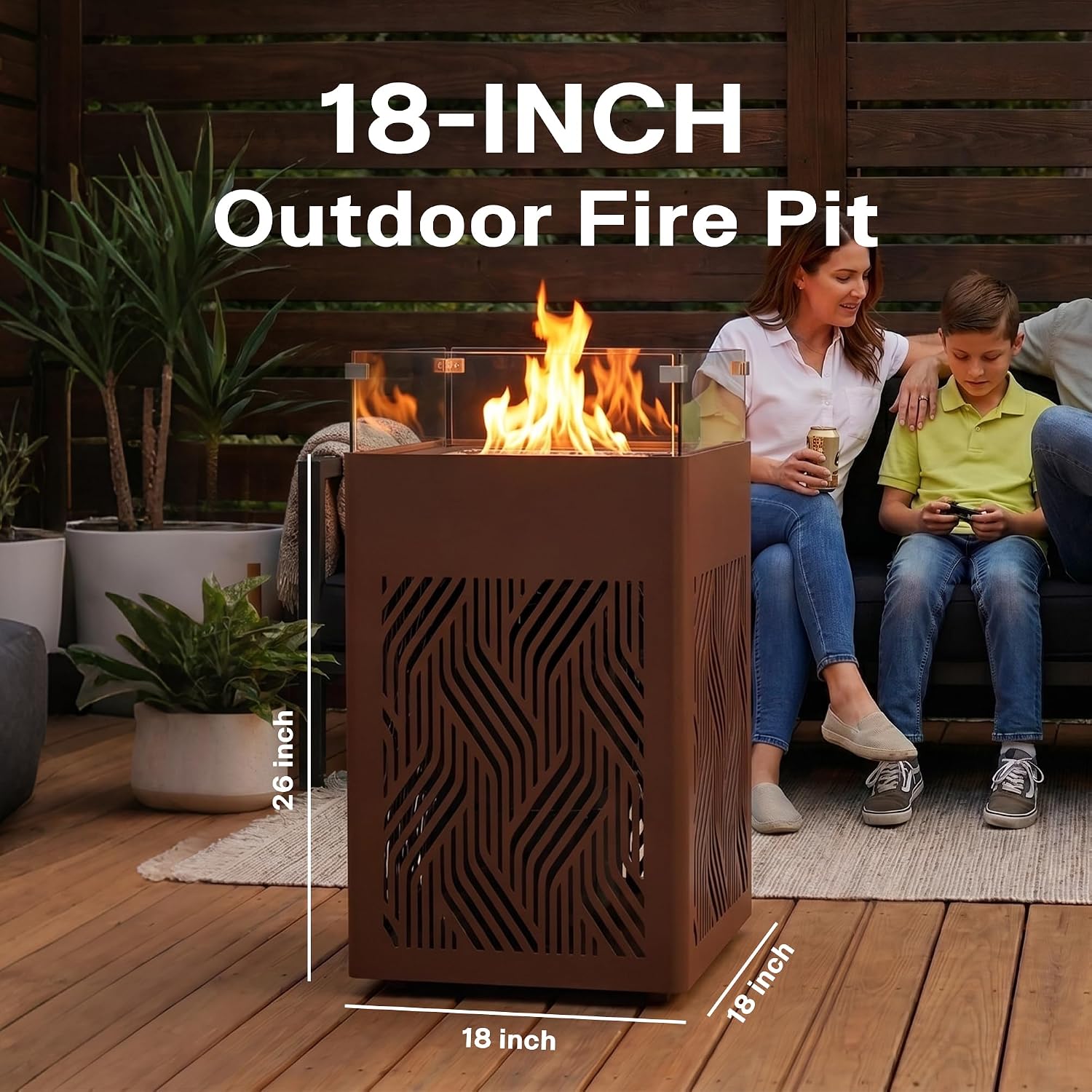 18' Aluminum Propane Fire Pit Table with 45,000 BTU, Square Outdoor Gas Fire Table with Glass Wind Guard, Glass Stones & Waterproof Cover, Patio Fire Table for Balcony, Backyard, Porch, Brown