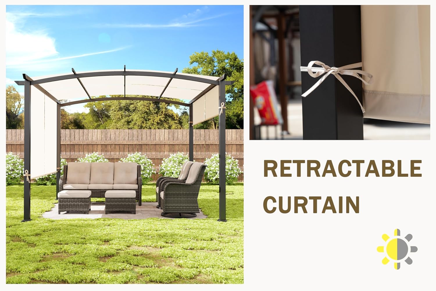 10' x 10' Arched Top Outdoor Pergola, Pergola Canopy with with Adjustable and Retractable Canopy for Patio Use, Metal Pergola with Durable and Sturdy Frame & Water-Resistant Canopy, Beige