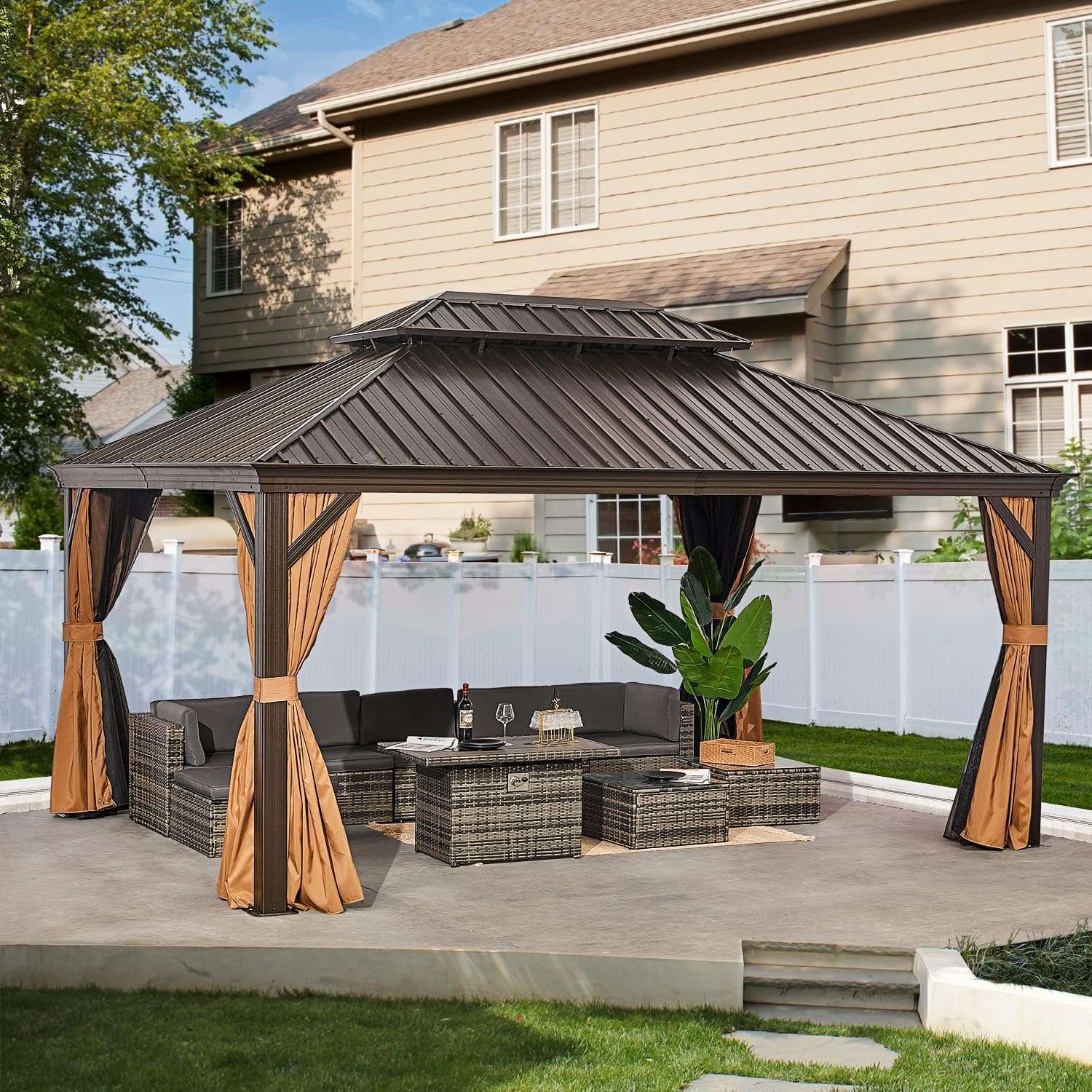 oneinmil 12' X 16' Permanent Hardtop Gazebo Aluminum Gazebo, Galvanized Steel Double Roof for Patio Lawn and Garden, Brown Curtains and Netting Included