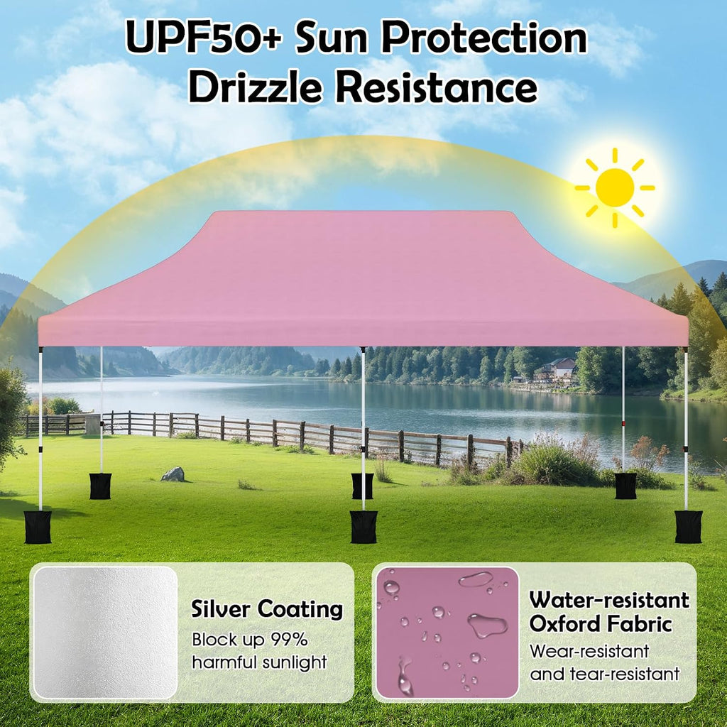 Tangkula 10x20 Ft Pop Up Canopy, Instant Setup Tent with 6 Sandbags, 12 Stakes & 6 Ropes, UPF 50+ Portable Outdoor Canopy Tent with Carrying Bag for Camp, Beach, Patio (Pink)