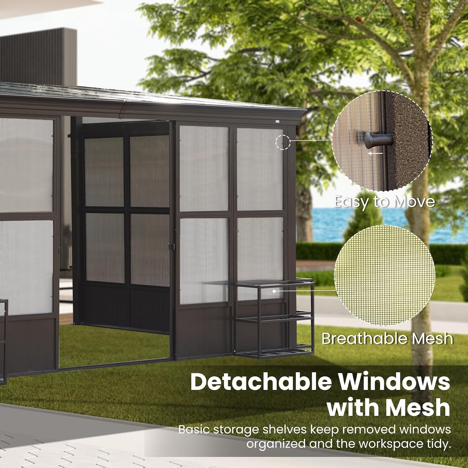 Domi Wall Mounted Sunroom 12x14FT, Wall Solarium with Aluminum PC Sloping Roof, Detachable PC Screen House, Lockable Sliding Front and Side Doors, Outdoor Lean-to Gazebo, Sun Room for Deck Patio