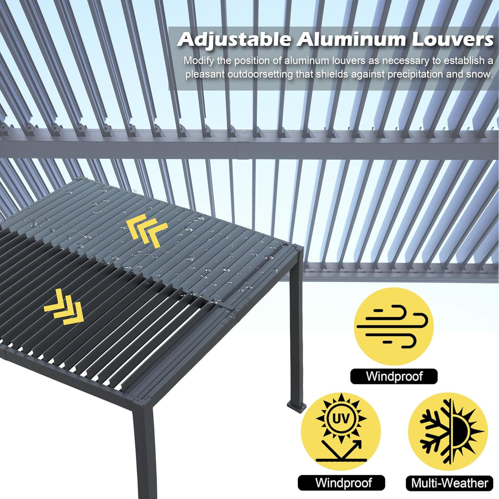 10'x 10' Patio Louvered Pergola Canopy Modern Aluminum Pergola with Adjustable Roof Rainproof Gazebo for Outdoor BBQ Deck Yard Lawn and Garden Deep Grey Hardtop Gazebo (10x10FT)
