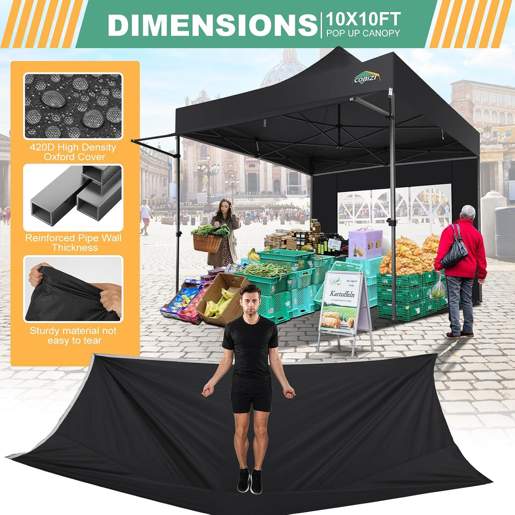 COBIZI 10x10 Pop Up Canopy Tent with Awning & Sidewalls, Heavy Duty Commercial 10X10 Canopy Tents Instant Waterproof, UPF 50+ Sun Shade for Outdoor, Parties, Markets (Black)
