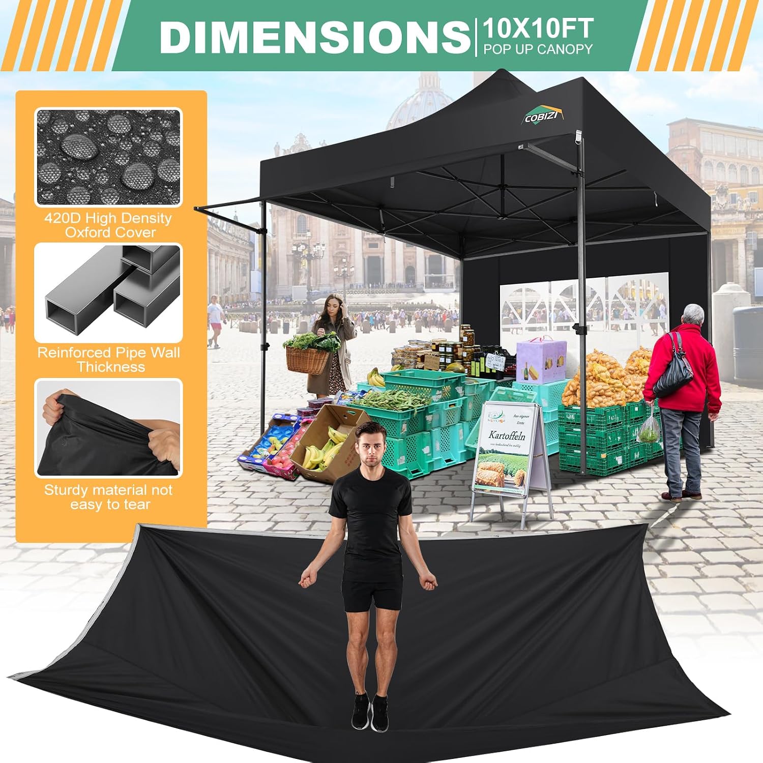 COBIZI 10x10 Pop Up Canopy Tent with Awning & Sidewalls, Heavy Duty Commercial 10X10 Canopy Tents Instant Waterproof, UPF 50+ Sun Shade for Outdoor, Parties, Markets (Black)