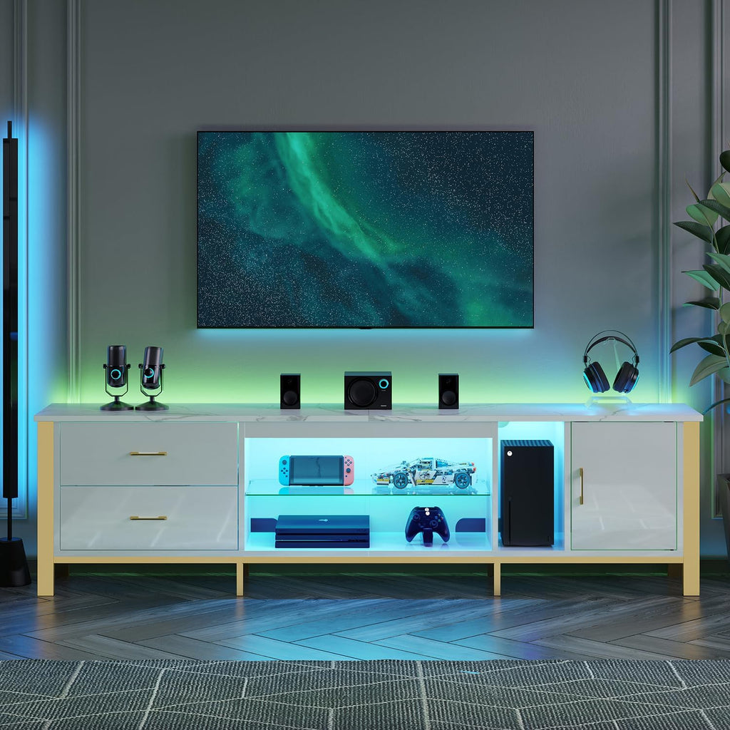 Bestier TV Stand for 75/80/85 inch TVs, LED Gaming Entertainment Center, Media Console with Glass Shelves for Living Room, 2 Storage Drawers & Cabinets for Bedroom, White Glossy