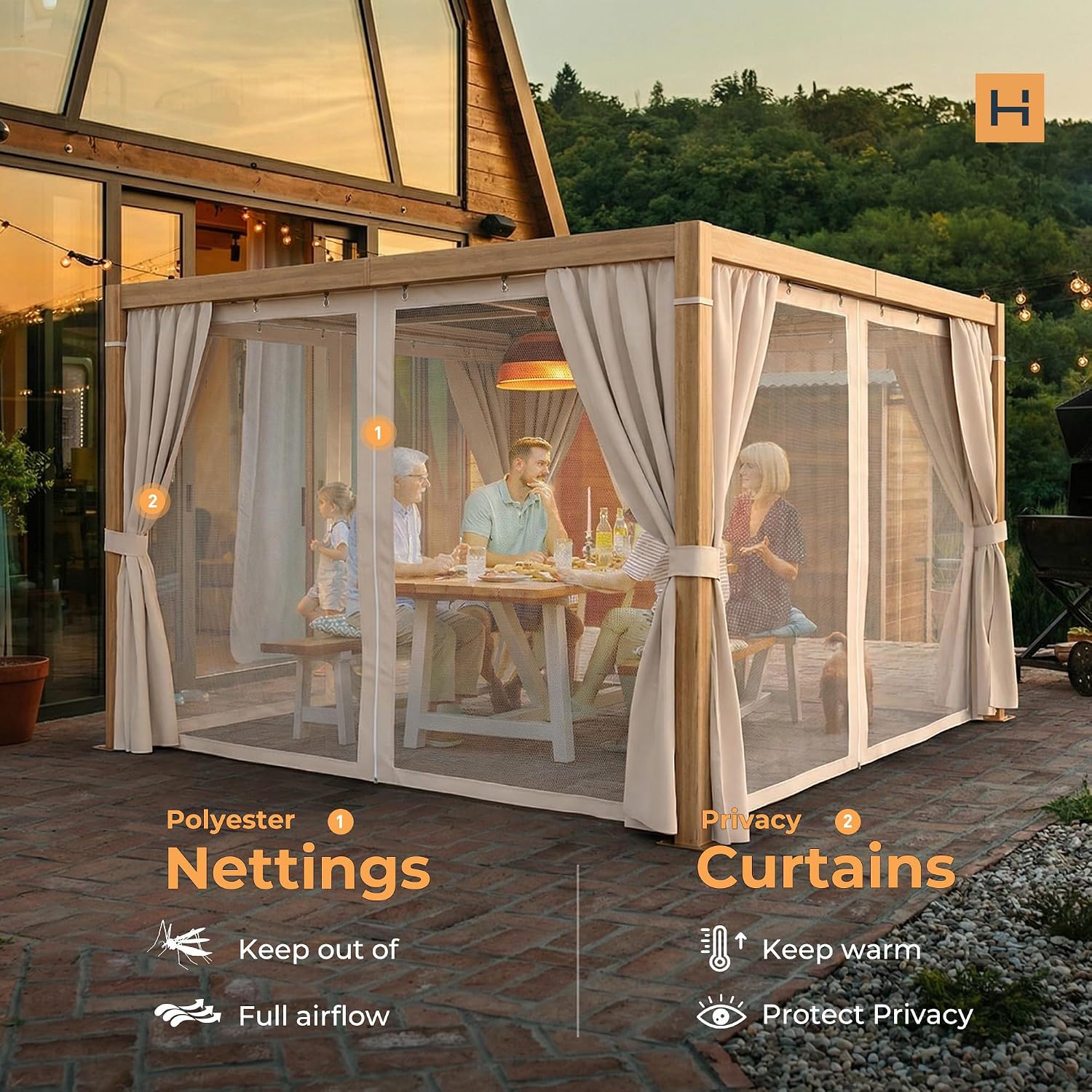 HAPPATIO Louvered Pergola 10' x10' Outdoor, Woodgrain-Look Aluminum Frame with Adjustable Rainproof Roof, Patio Pergola with Curtains and Mosquito Nets, Aluminum Frame for Patio, Backyard, Deck