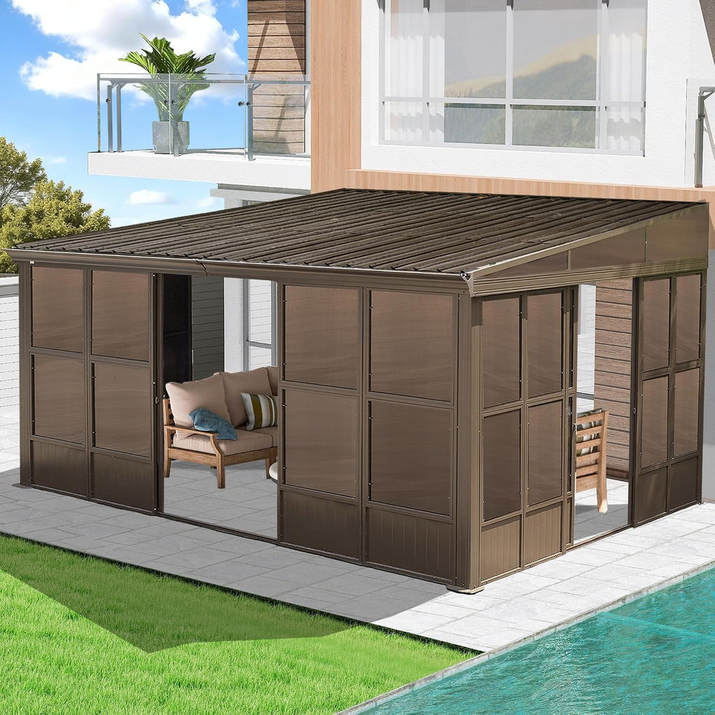 Domi 12x14FT Wall Mounted Sunroom, Against Wall Solarium with Galvanized Steel Sloping Roof, Detachable PVC Screen, Lockable Sliding Front and Side Doors, Lean-to Gazebo Sun Room for Deck Patio