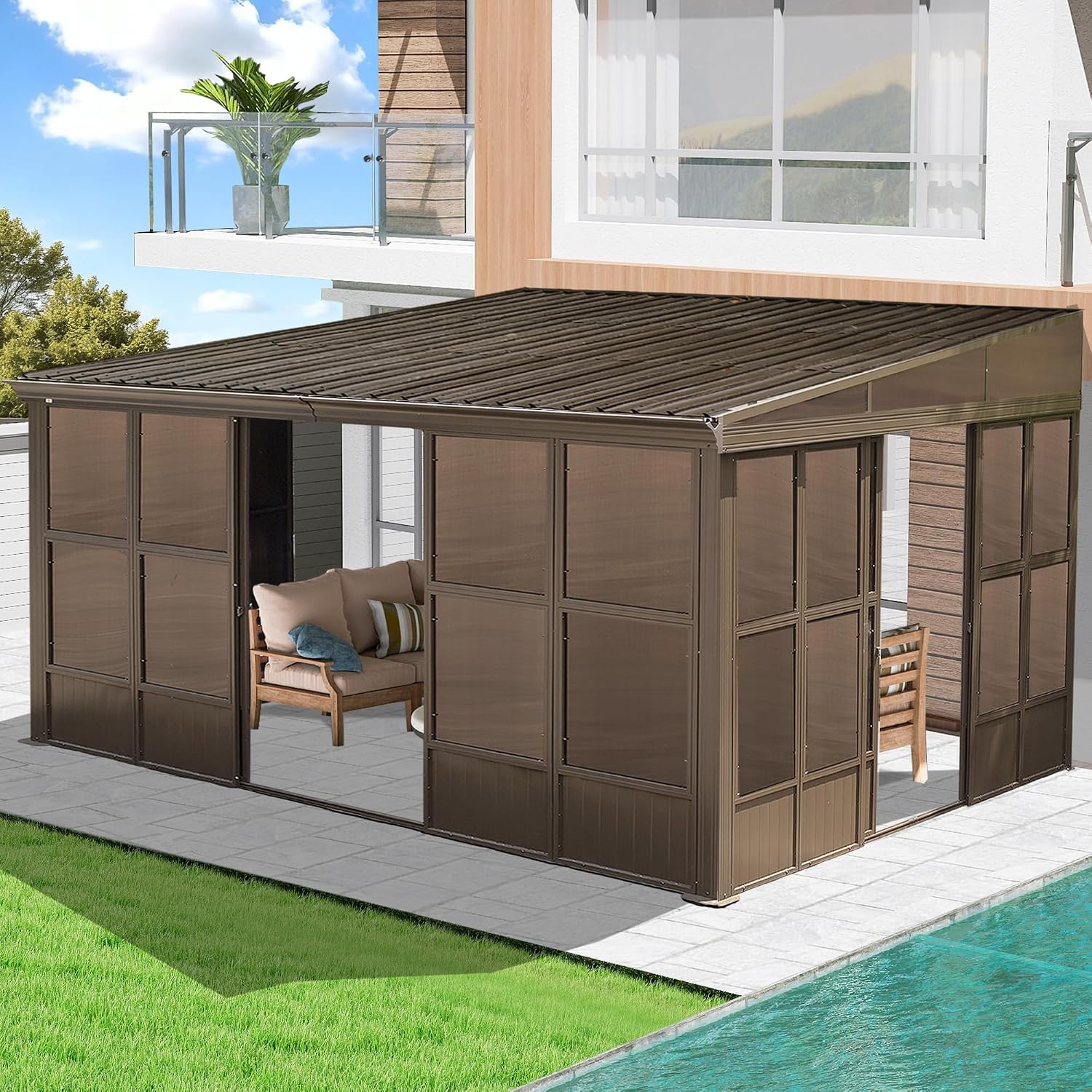 Domi 12x14FT Wall Mounted Sunroom, Against Wall Solarium with Galvanized Steel Sloping Roof, Detachable PVC Screen, Lockable Sliding Front and Side Doors, Lean-to Gazebo Sun Room for Deck Patio