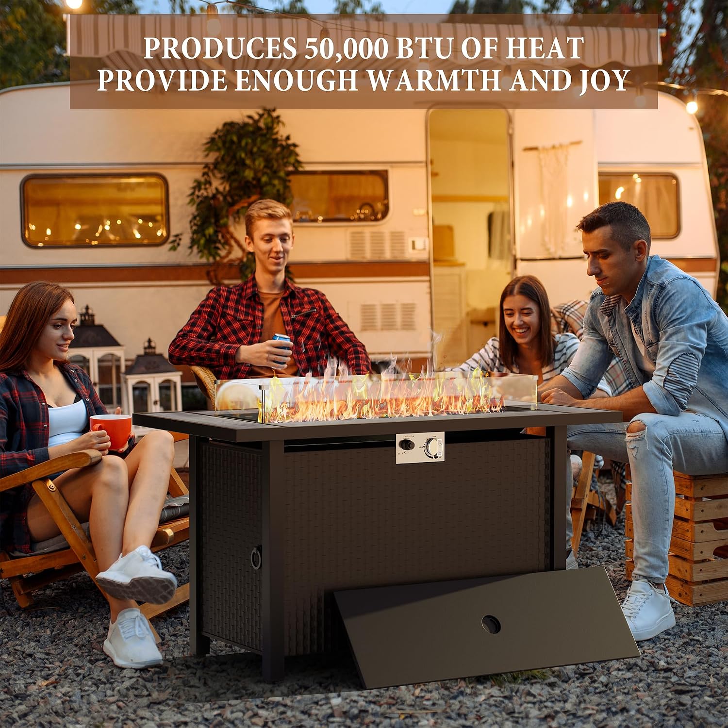 Shintenchi 45 Inch Outdoor Propane Fire Pit 50,000 BTU Gas Fire Pit Table with Lid, Glass Wind Guard, Waterproof Cover, Rectangle Gas Firepit Table for Garden/Patio, CSA Certification