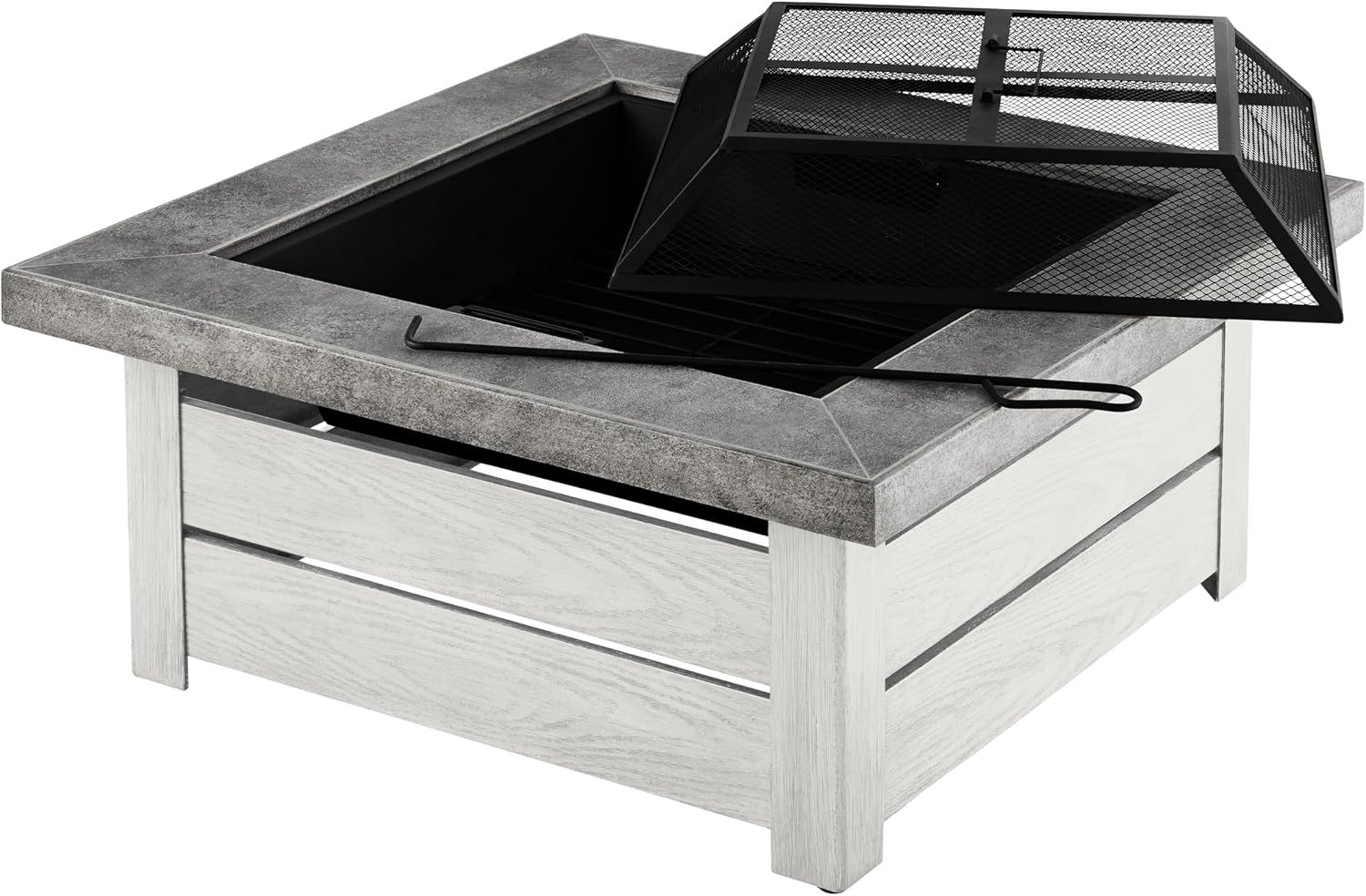 Honeycomb Outdoor Edisto Wood Burning Fire Pit with Cover and Poker, White Frame with Wood Grain Finish, Ceramic Tile Tabletop