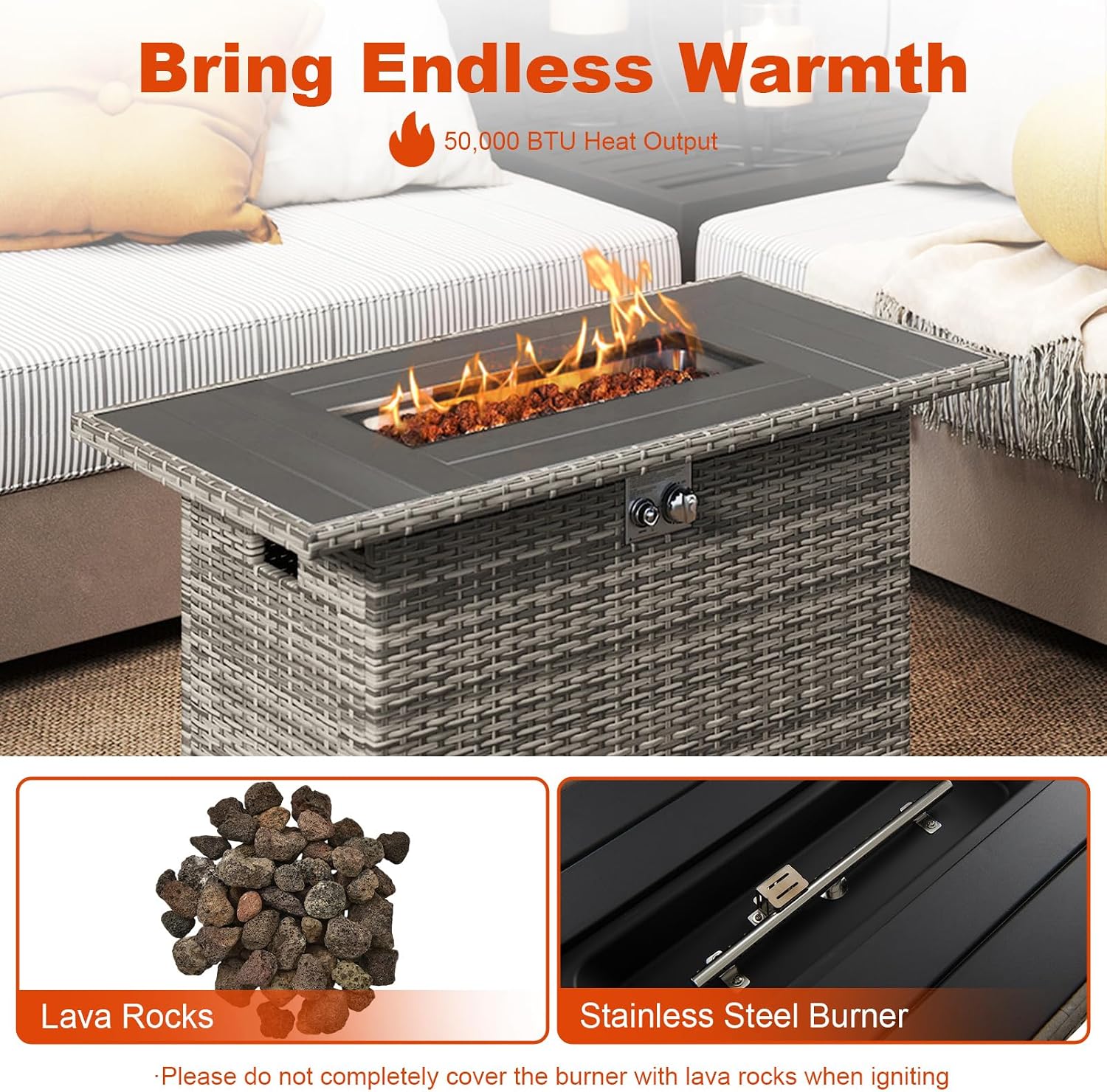 Tangkula 44.5 Inch Propane Fire Pit Table, Outdoor Rattan Gas Firepit with Metal Slatted Tabletop & Stainless Steel Burner, Rectangle Fire Pit with Lava Rocks & Protective Cover for Outside Patio