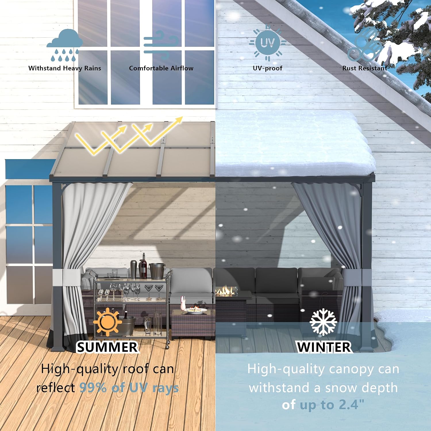 Kurapika 10' x 14' Wall Mount Gazebo Outdoor Pergola, Hardtop Lean to Gazebo Canopy Awnings with Sloped Roof and Sturdy Steel Frame, for Patio, Porch, Deck, Backyard(Grey)