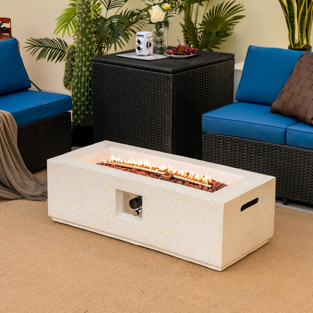 Tangkula 50,000 BTU Outdoor Fire Pit Table, 42' Rectangle Terrazzo Propane Gas Fire Table with Auto-Ignition, Stainless Steel Burner, Lava Rocks & Rain Cover for Patio Backyard Poolside