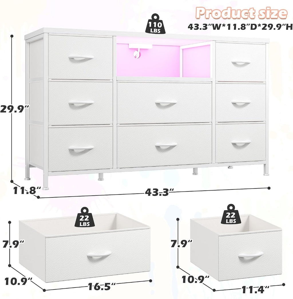 White Dresser for Bedroom with LED Lights & Charging Station, Dresser TV Stand for Bedroom with 8 Drawer for 55 inch TV, Fabric Dressers & Chests of Drawers with Open Shelves for Hallway Entryway