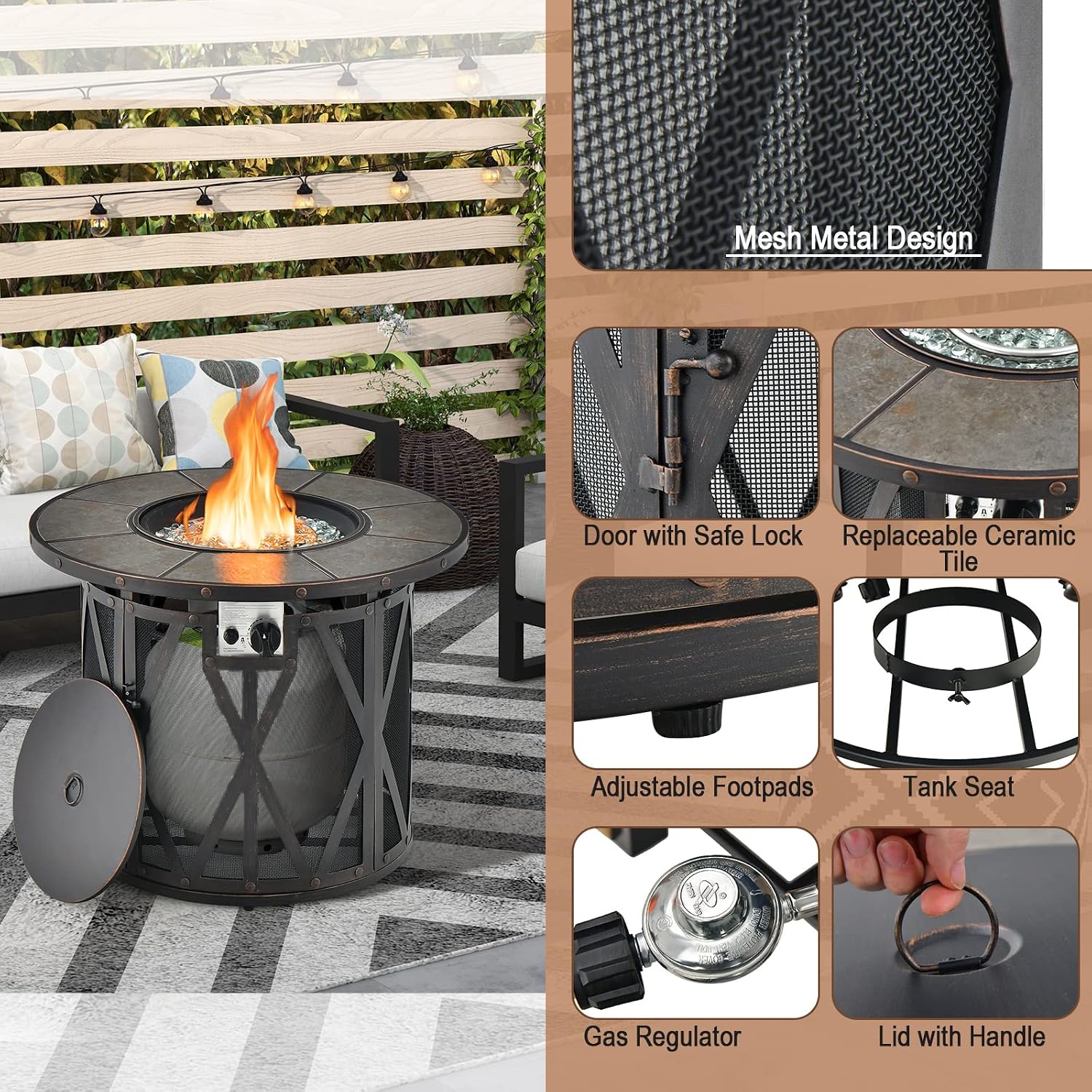 Tangkula 32 Inch Patio Round Fire Pit Table, Patiojoy 30,000 BTU Propane Gas Fire Table with Fire Glasses & PVC Cover, Ceramic Tile Tabletop, Outdoor Fire Table for Backyard, Poolside