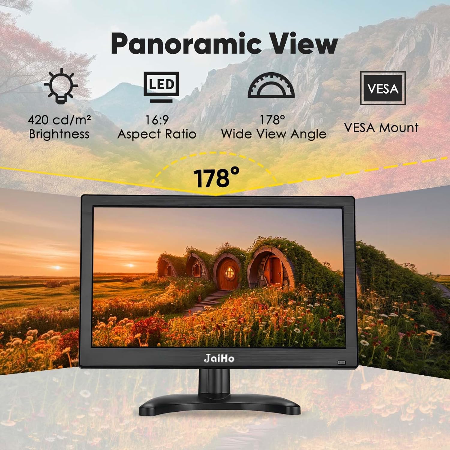 JaiHo 13.3-Inch IPS LED Security Monitor, 1080P Full HD Portable Screen with Metal Housing & Mirror Flip, BNC HDMI VGA AV USB, Small HDMI Monitor with Built-in Speakers for PC Raspberry Pi