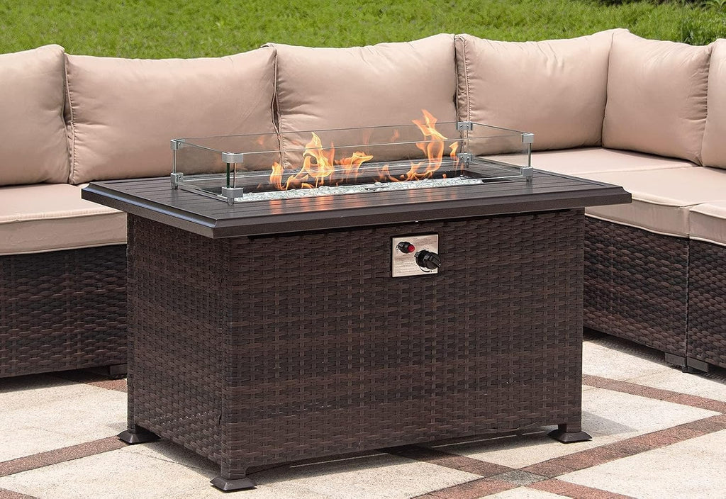 43' Wicker Outdoor Propane Gas Fire Pit Table with Rectangle Fire Pit Lid,55000 BTU Auto-Ignition Table Fire Pit w/Glass Wind Guard, Glass Rock for Outdoor,ETL Certified