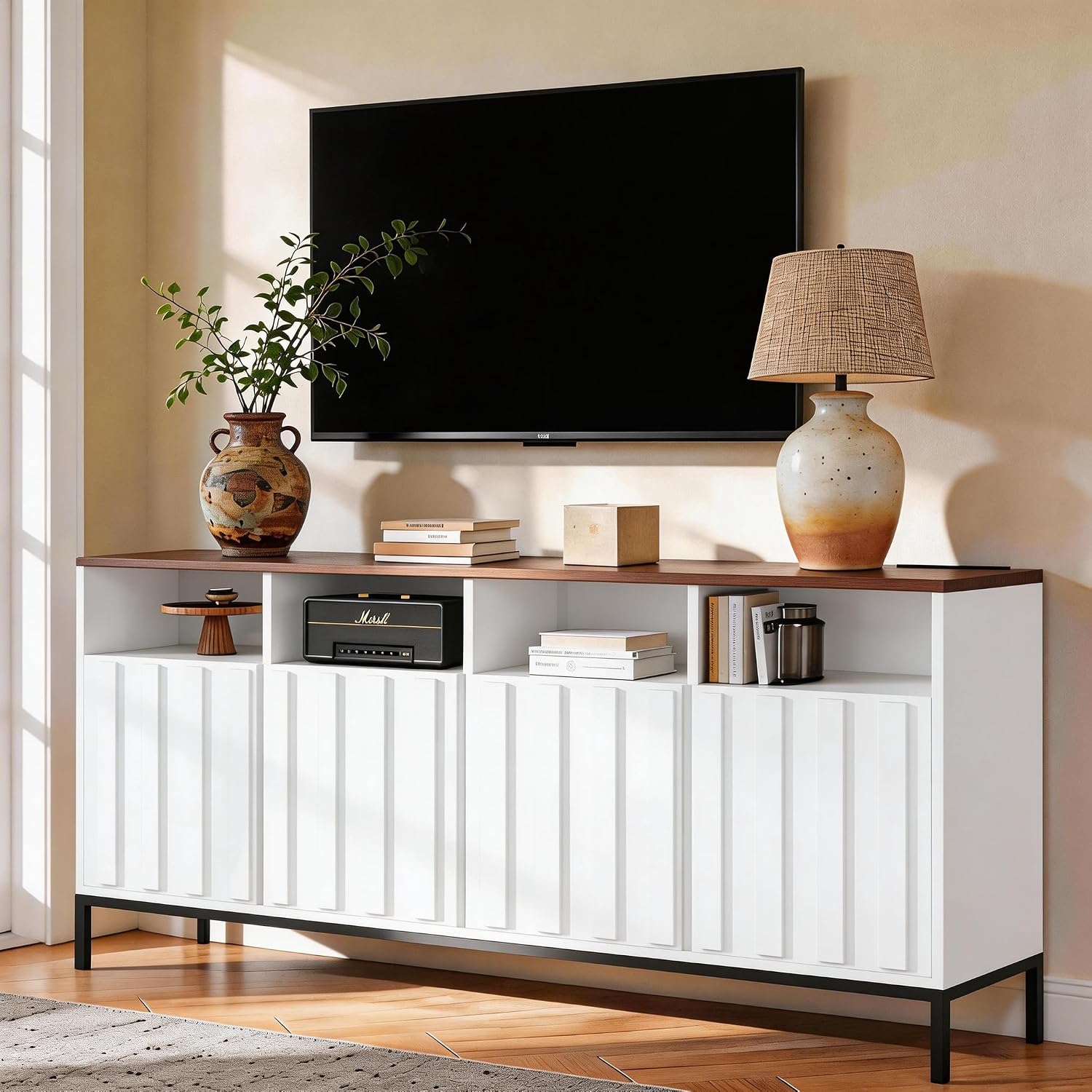 COCO DESIGN 70' Fluted TV Stand with Power Outlet for TVs up to 80', Modern Entertainment Center with Adjustable Shelves, Media Console Table with Storage for Living Room, White
