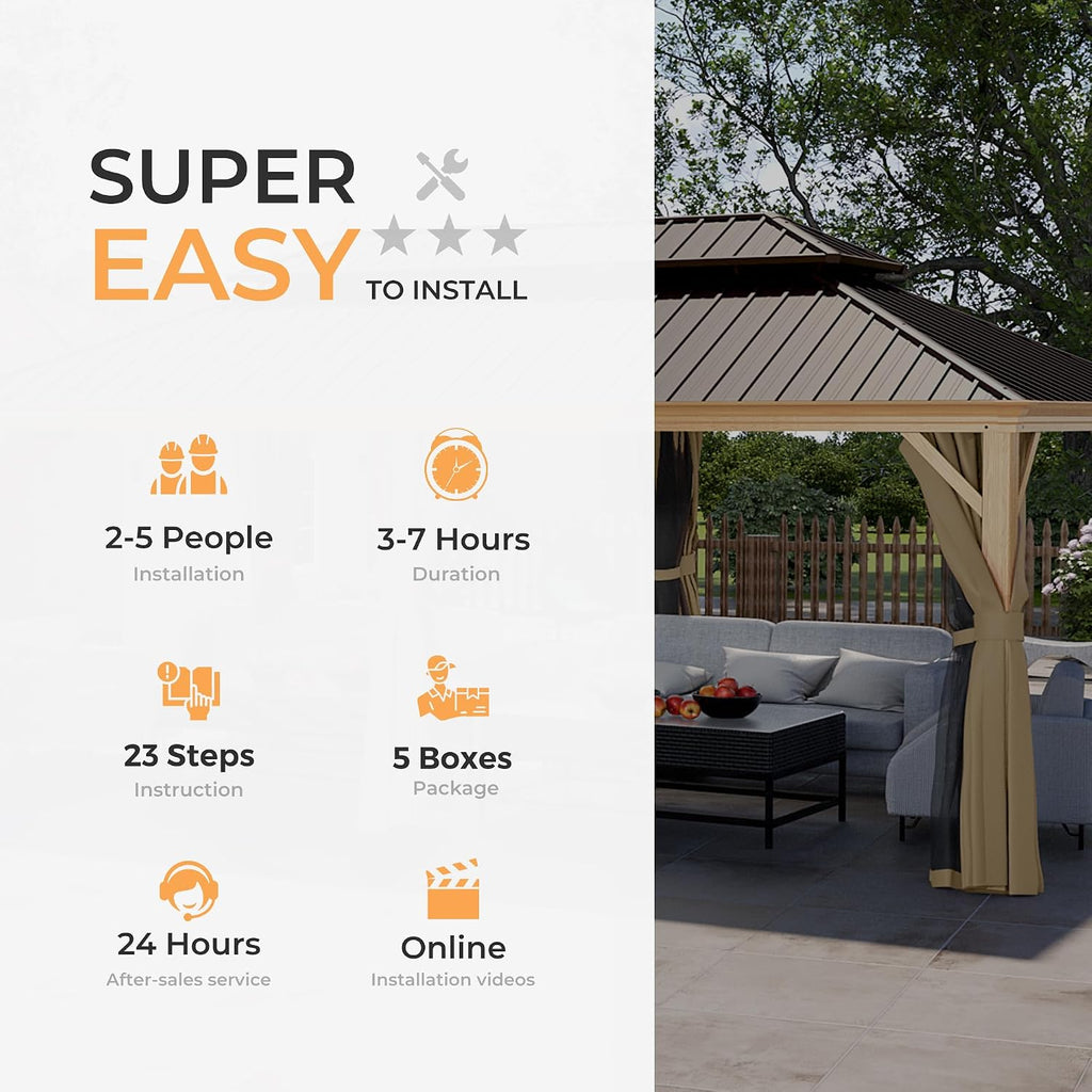 HAPPATIO 12' x 20' Hardtop Gazebo, Outdoor Wood Grain Aluminum with Galvanized Steel, Patio Double Roof Permanent Metal Gazebo Canopy with Netting and Curtains for Backyard, Patio, Deck (Brown)