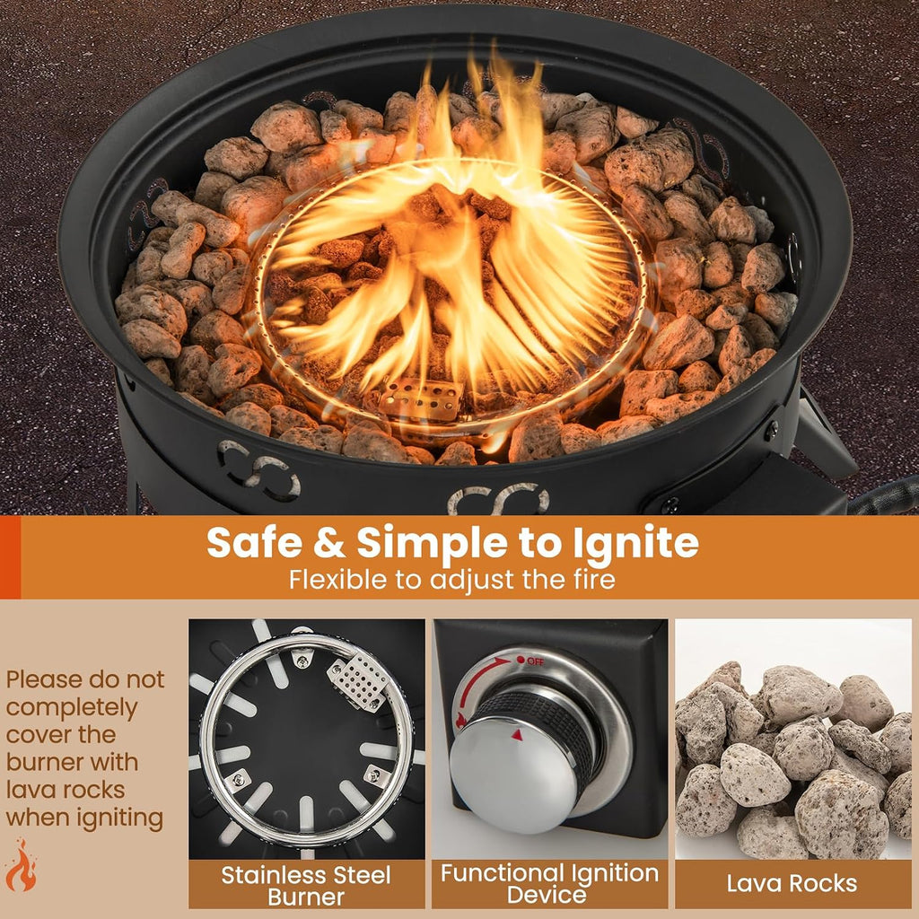 Tangkula 17 Inch Tabletop Propane Fire Pit, 58,000 BTU Gas Firepit with Folding Legs & Removable Grill, Carrying Bag, Lava Rocks & Tank Seat Included, Portable Fire Bowl for Backyard, Camping