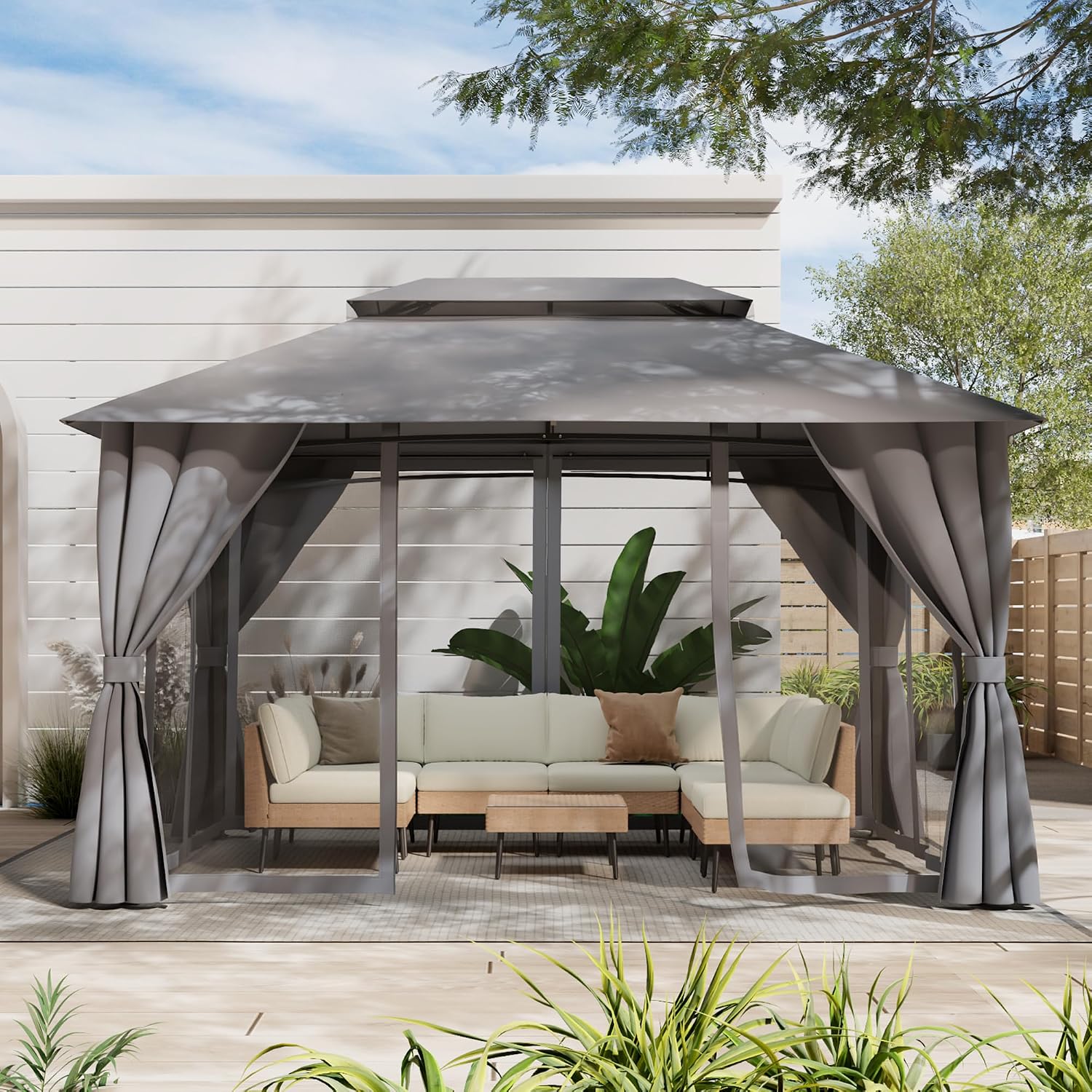 Gazebo 10x13 with Mosquito Netting & Privacy Screens. Double Roof Design Outdoor Gazebo with Powder-Coated Metal Frame for Patio, Deck, Backyard, Garden & Lawns(Dark Gray)