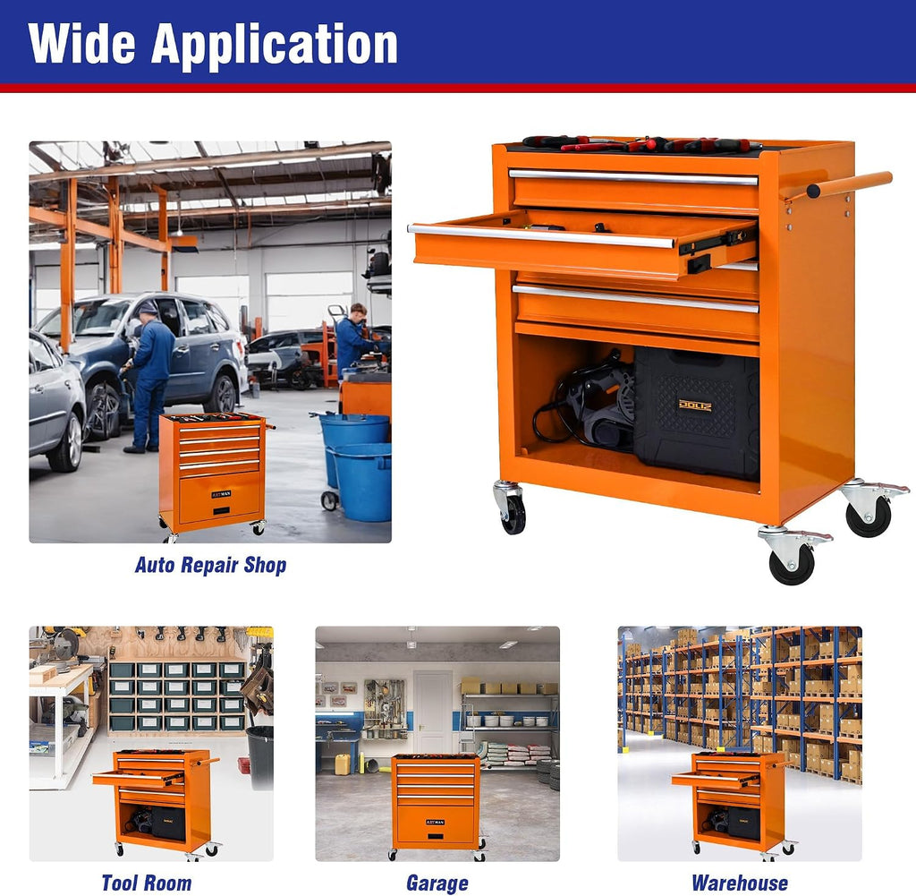 4 Drawers Rolling Tool Cart on Wheels, Trolley Organizer Tool Case Tool Chest, Multifunctional Tool Storage Tool Box for Workshop, Garage, Warehouse, Repair Shop(24.2'W×12.9'D×29.9'H-Orange)