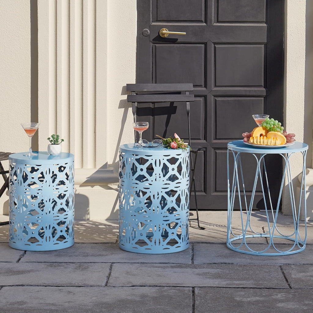 Y&M Set of 3 Heavy-Duty Round End Table, Side Table, Coffee Table for Indoor Multifunctional Use, Outdoor Decorative Garden Stool Plant Stand-Blue