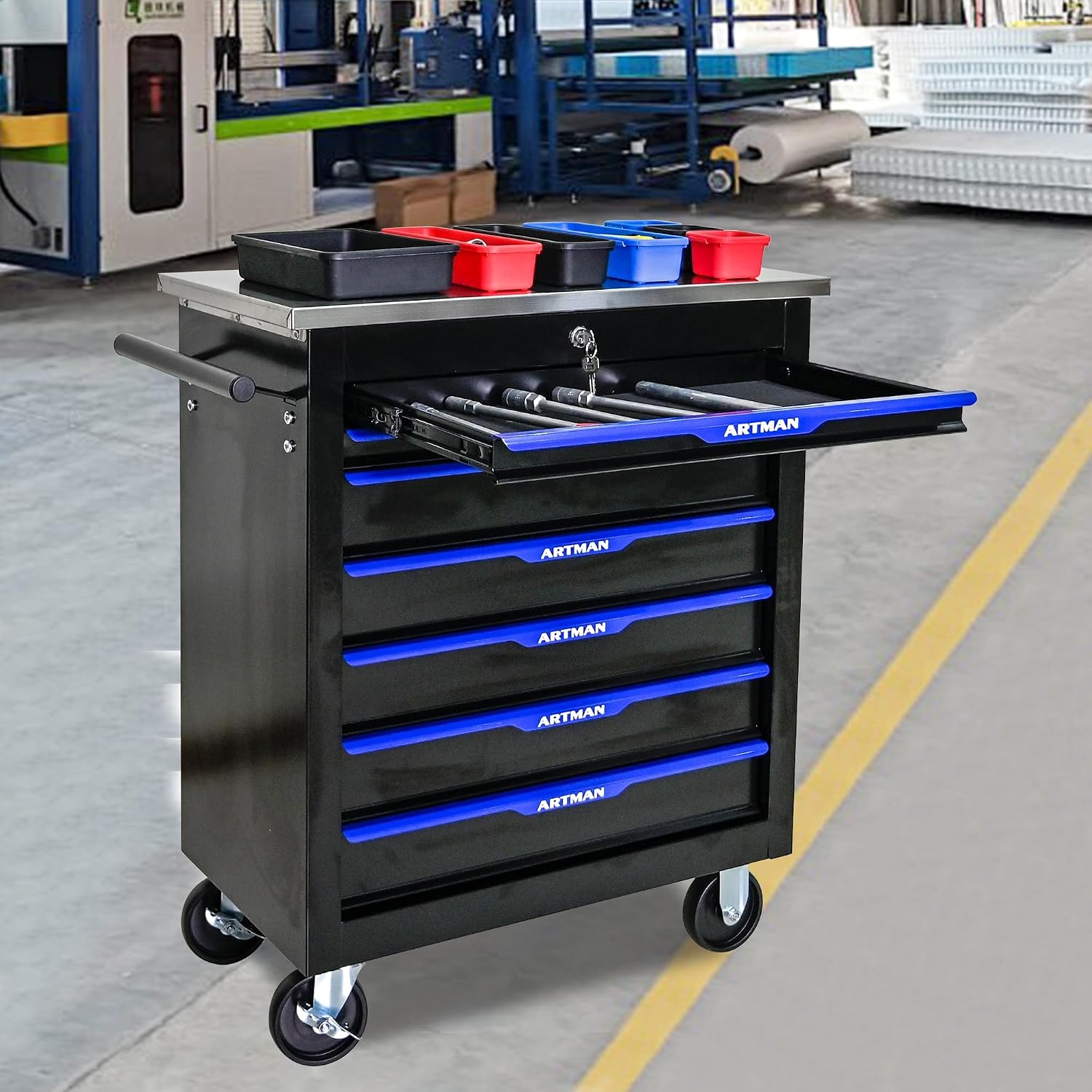 7-Drawer Heavy-Duty Rolling Steel Tool Cart with Handle&Wheels, Metal Storage Organizer Cabinet, Tool Chest for Efficient Tool Storage in Garage, Warehouse, Workshop, Repair Shop, Blue