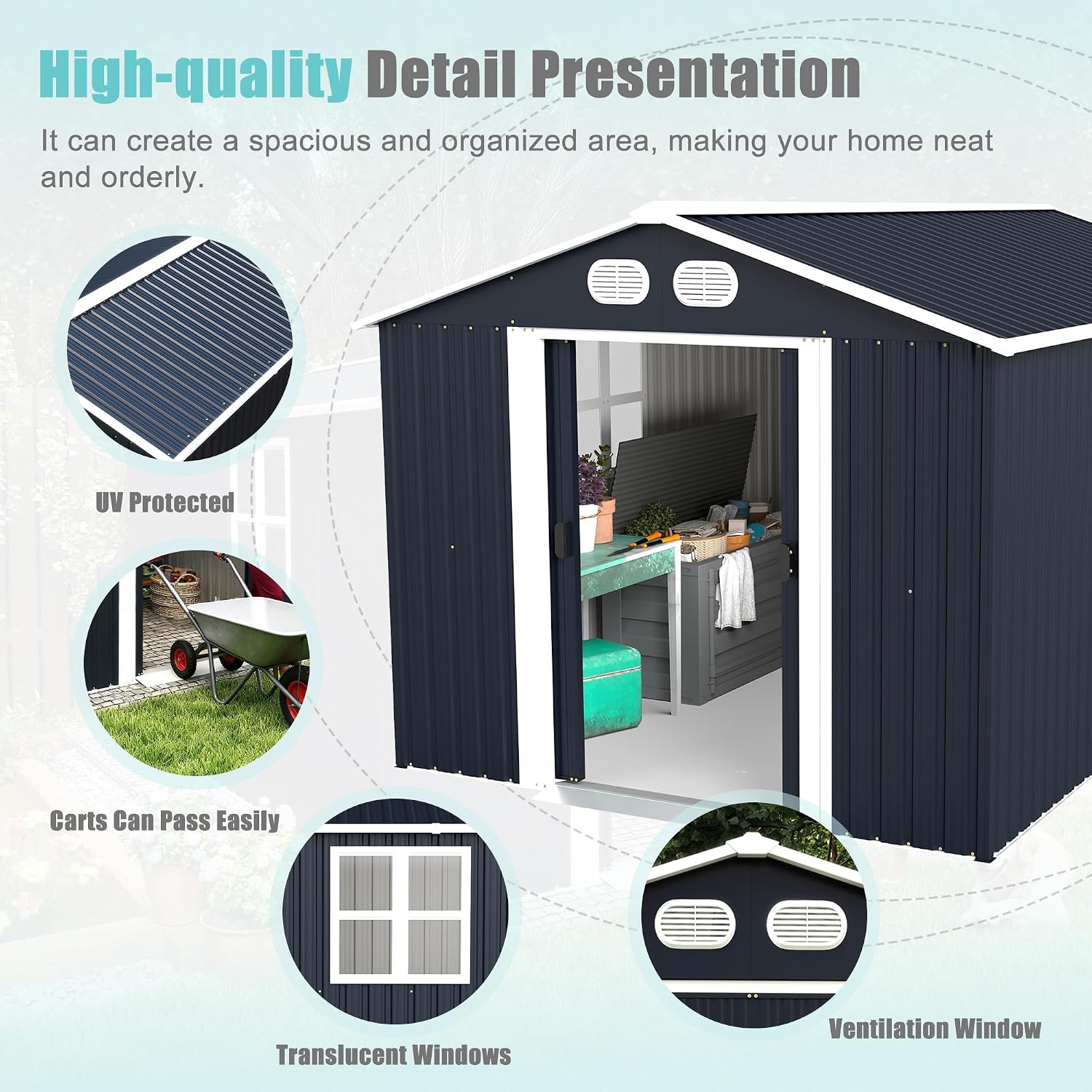 KEIKI 8x12 FT Outdoor Storage Shed, Heavy-Duty Metal Shed with Lockable Doors & Air Vents, Weather-Resistant Garden Tool Storage for Backyard Patio, Dark Gray