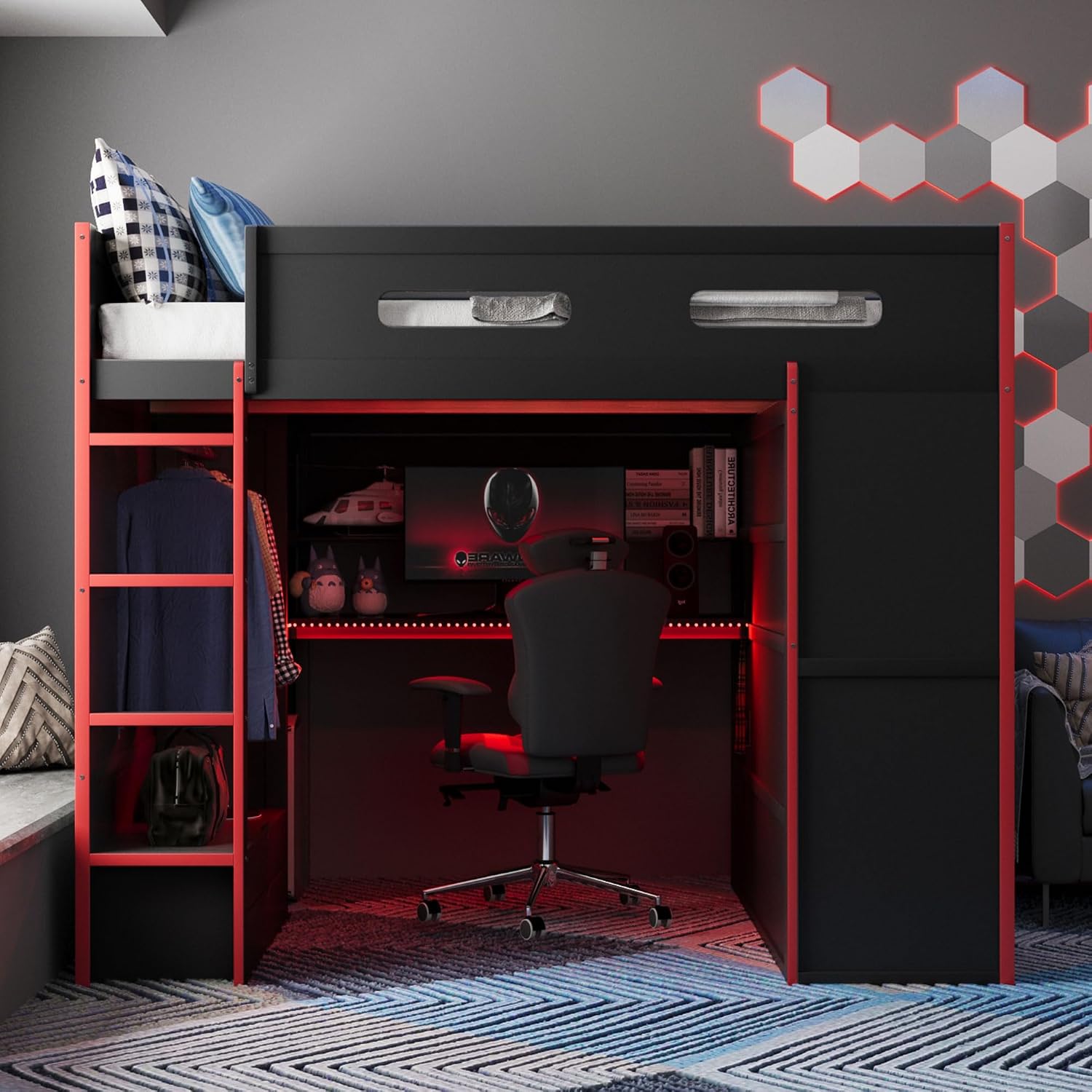 Full Size Gamer Loft Bed with Built-in Desk, RGB Lighting, USB Port & Storage, Gaming Bed with Wardrobe, Drawers for Kids, Teens, Adults (Red/G)
